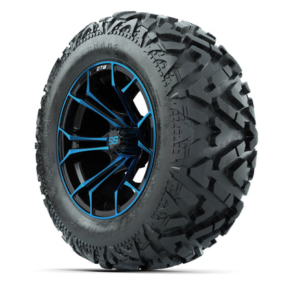 GTW Spyder Black/Blue 14 in Wheels with 25x10-14 Barrage Mud Tires – Full Set