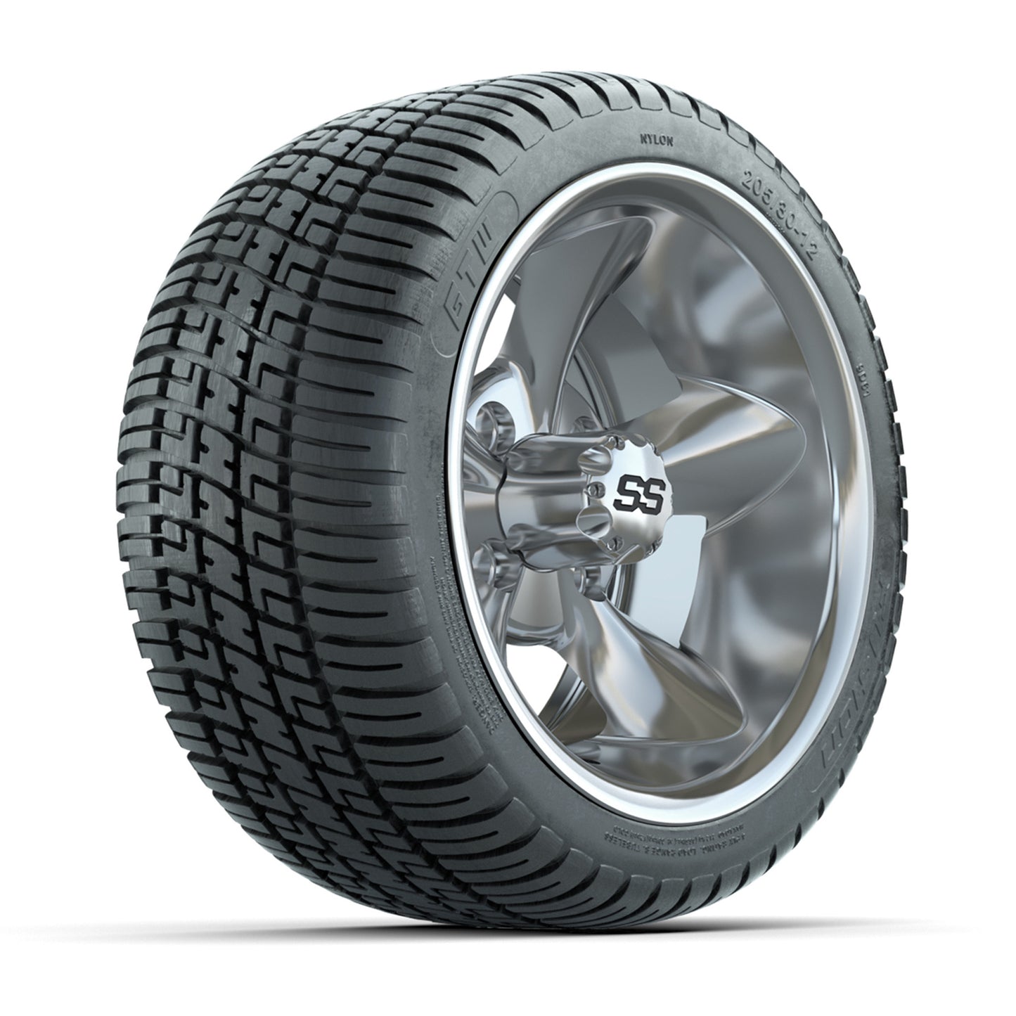 GTW® Godfather Chrome 12 in Wheels with 205/30-12 Fusion Street Tires – Full Set