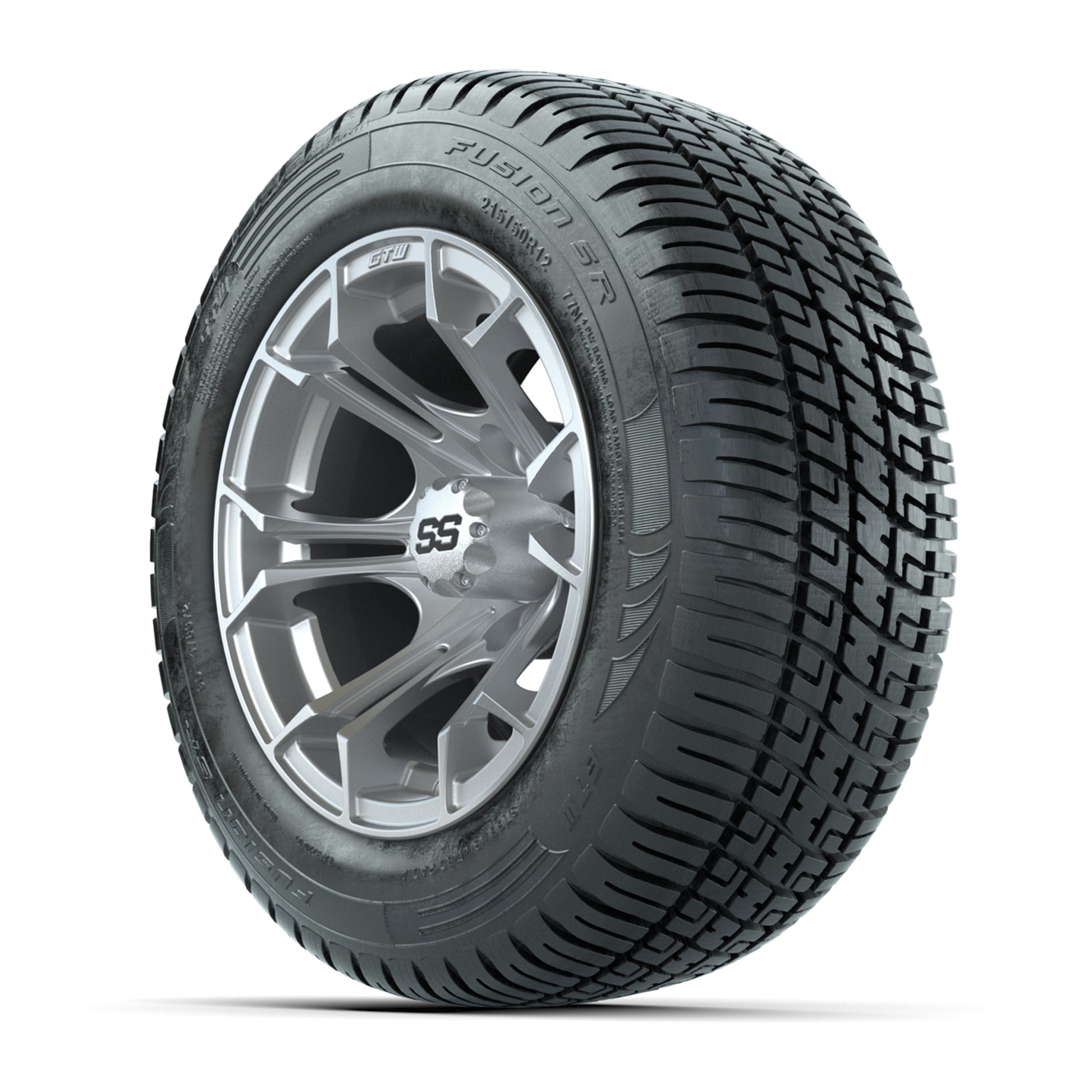 GTW® Spyder Silver Brush 12 in Wheels with 215/50-R12 Fusion S/R Steel Belt Radial Street Tires – Full Set