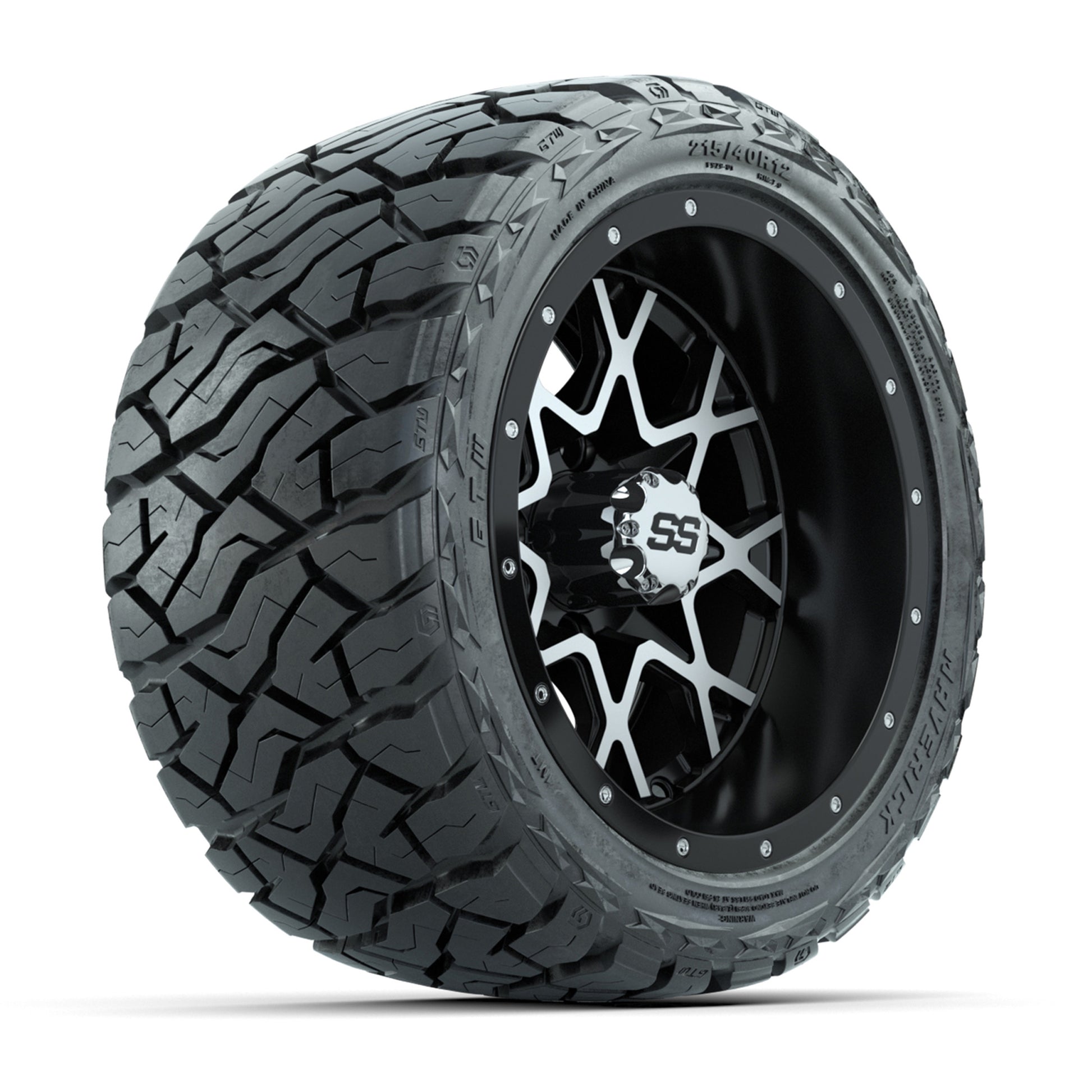 GTW Vortex Matte Black/Machined 12 in Wheels with 215/40-R12 Maverick Low-Profile All-Terrain Tires – Full Set