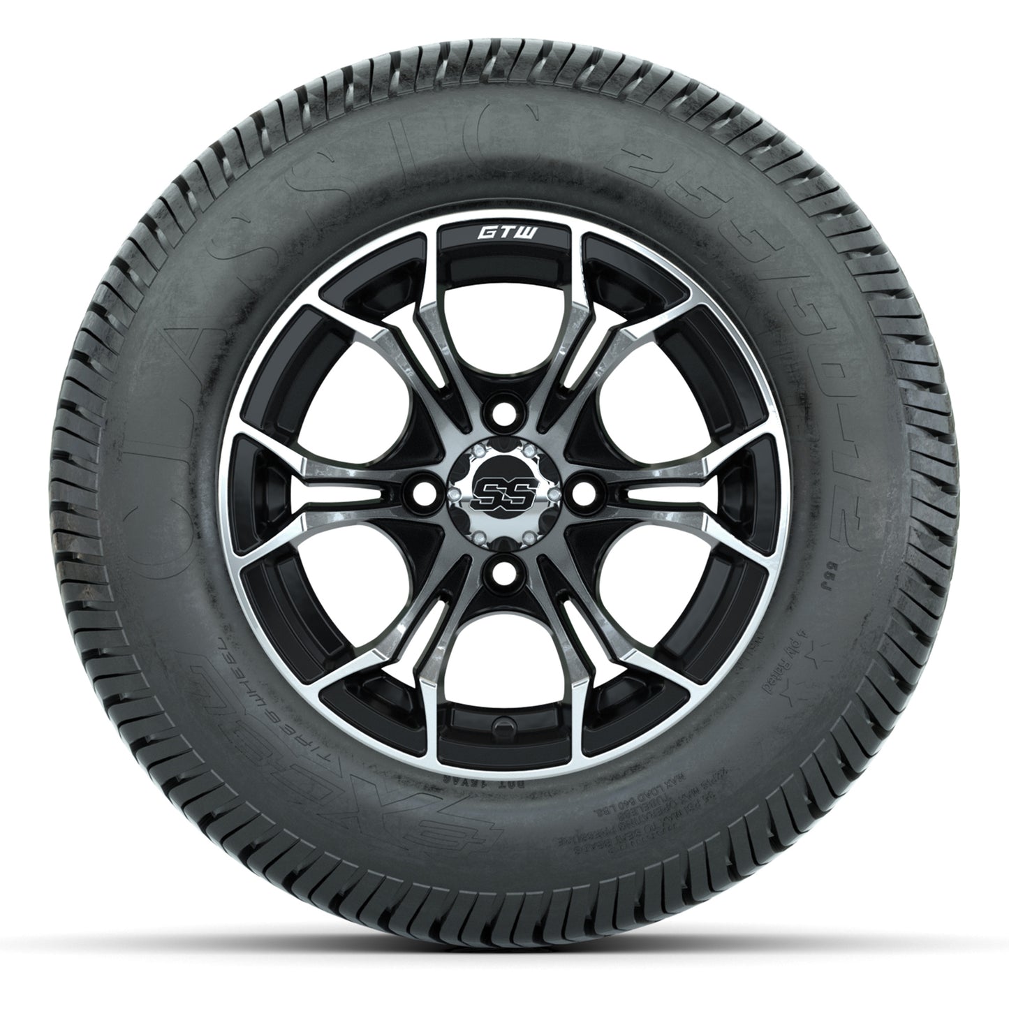 GTW® Spyder Black/Machined 12 in Wheels with 255/50-12 Excel Classic Street Tires – Full Set