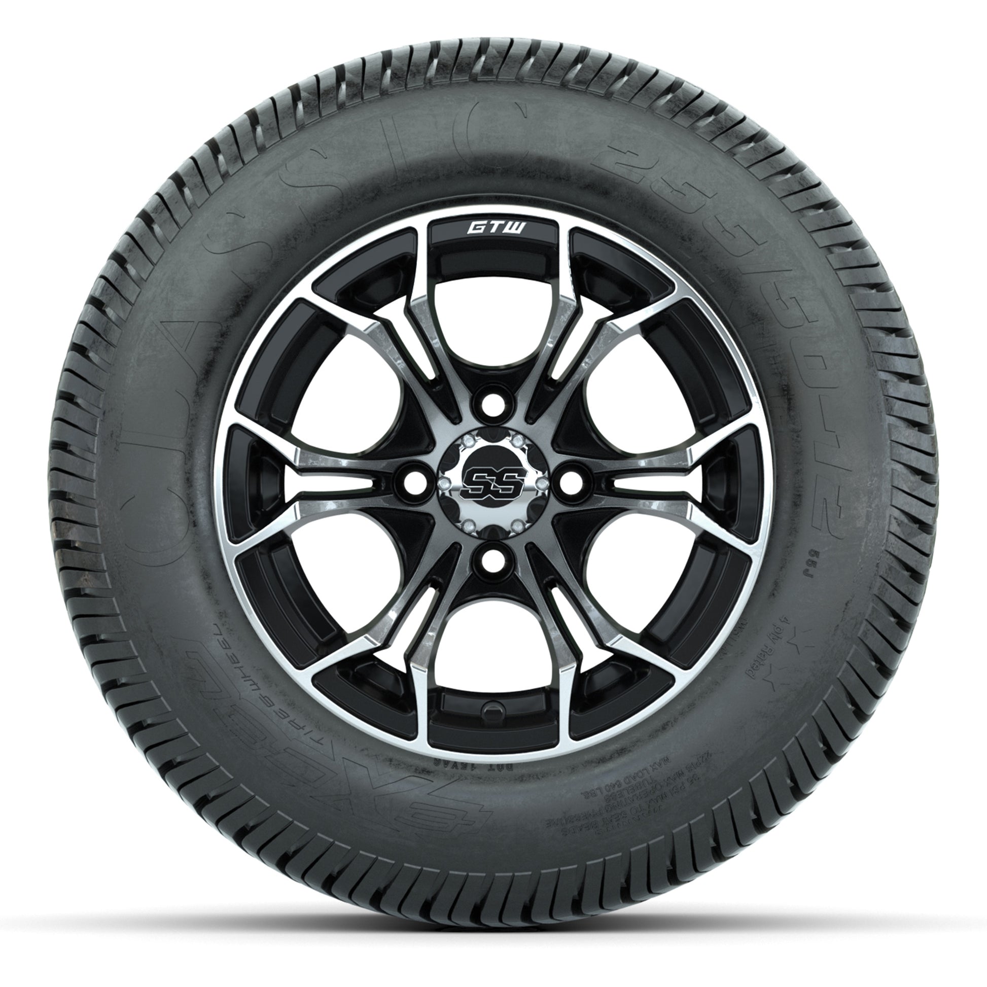 GTW® Spyder Black/Machined 12 in Wheels with 255/50-12 Excel Classic Street Tires – Full Set