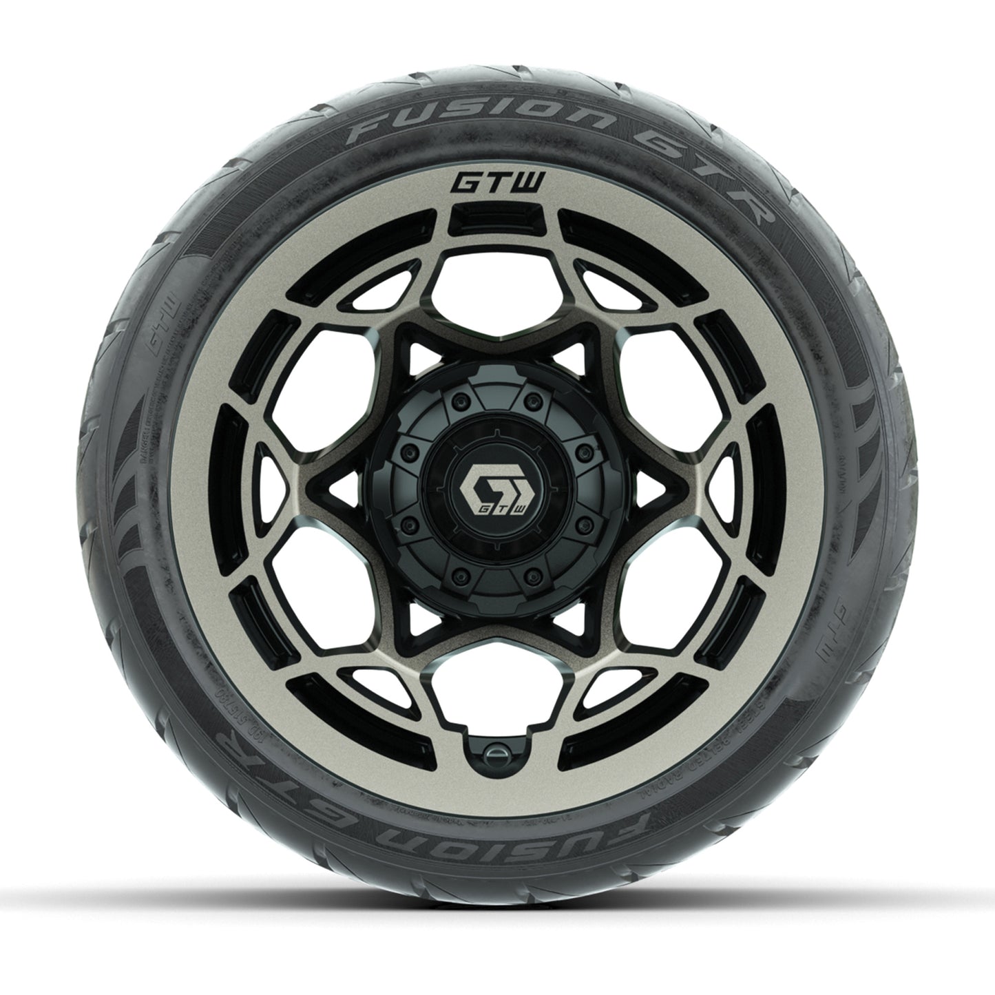 GTW® Nexus Black with Bronze Face 12 in Wheels with 215/40-R12 Fusion GTR Steel Belt Radial Street Tires – Full Set