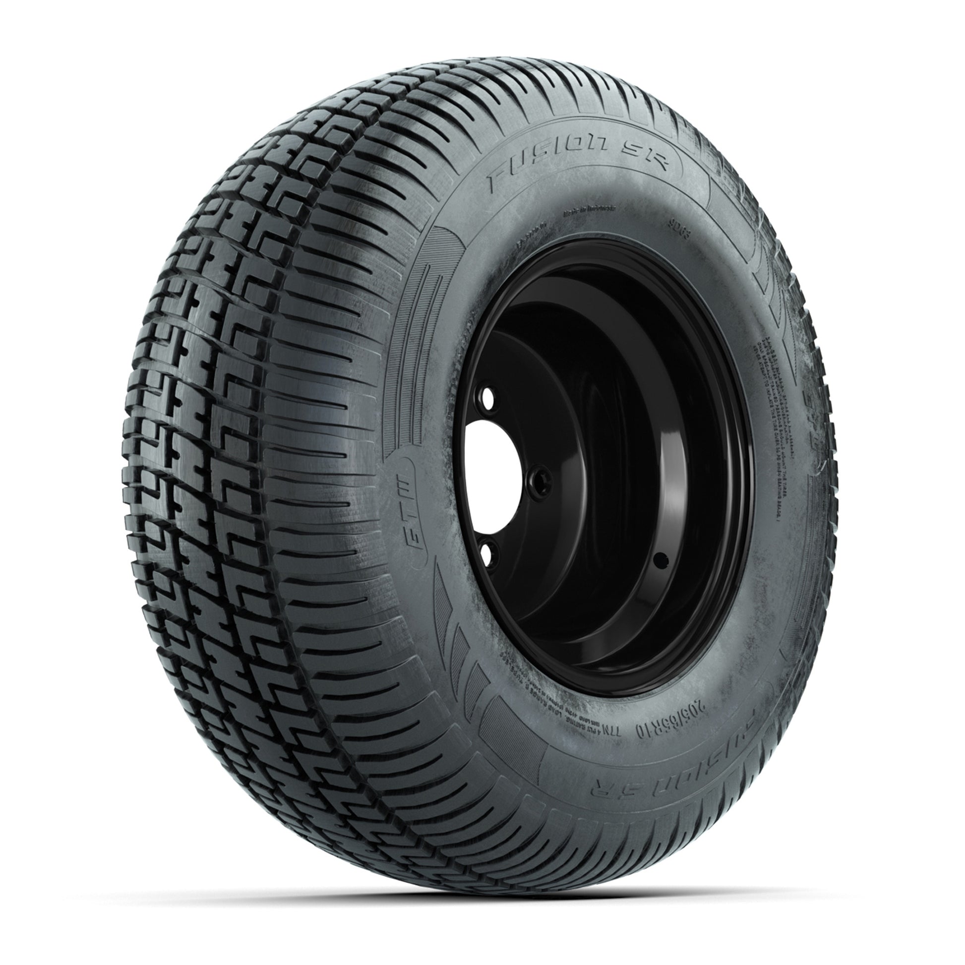Set of (4) 10 in Black Steel Offset Wheels with 205/65-10 Fusion Street Tires