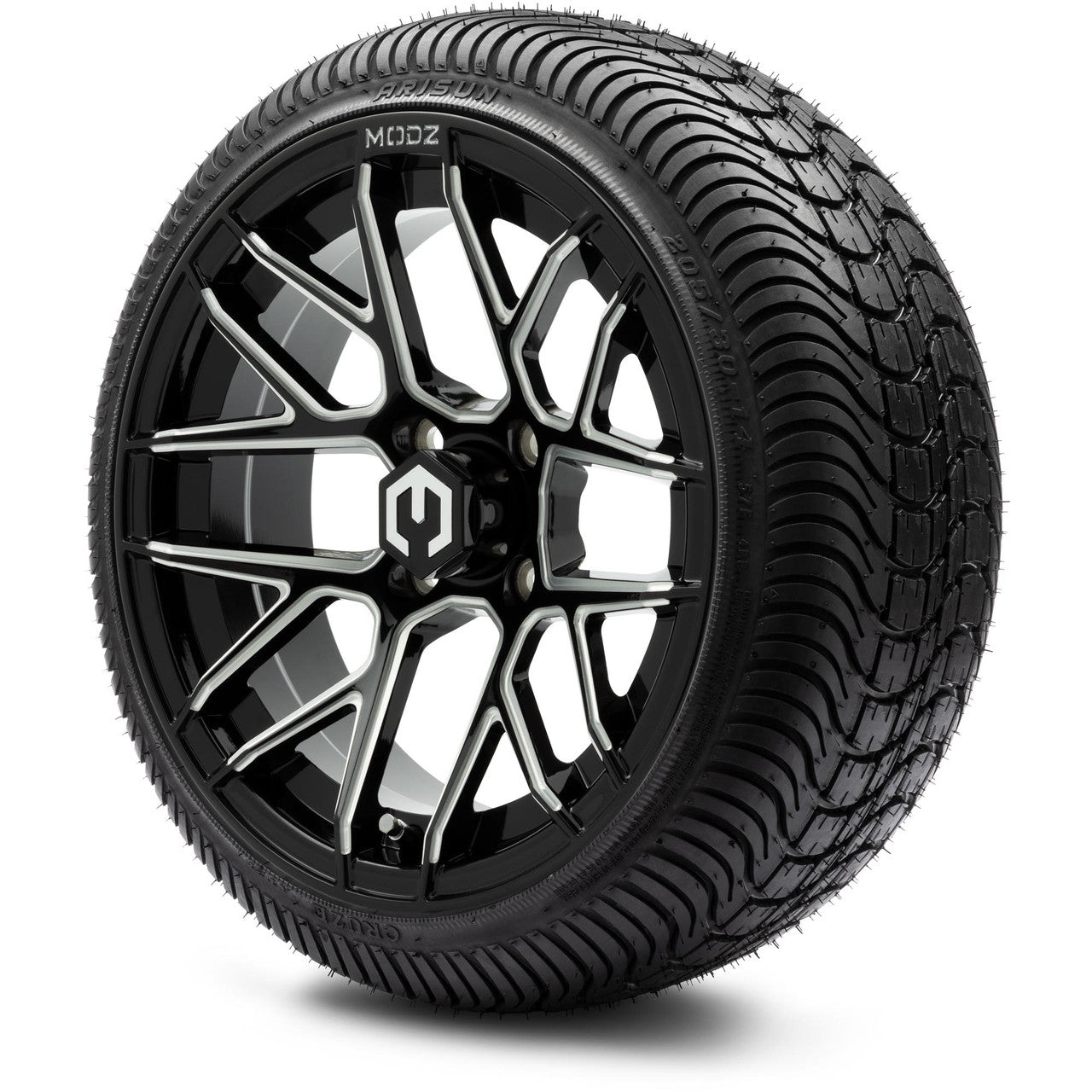 MODZ® 14" Matrix Glossy Black Ball Mill Wheels & Street Tires Combo