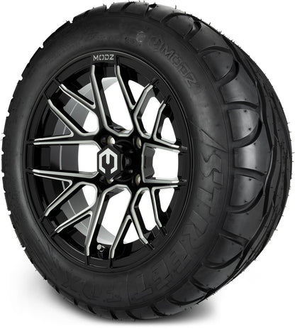 MODZ® 14" Matrix Glossy Black Ball Mill Wheels & Street Tires Combo
