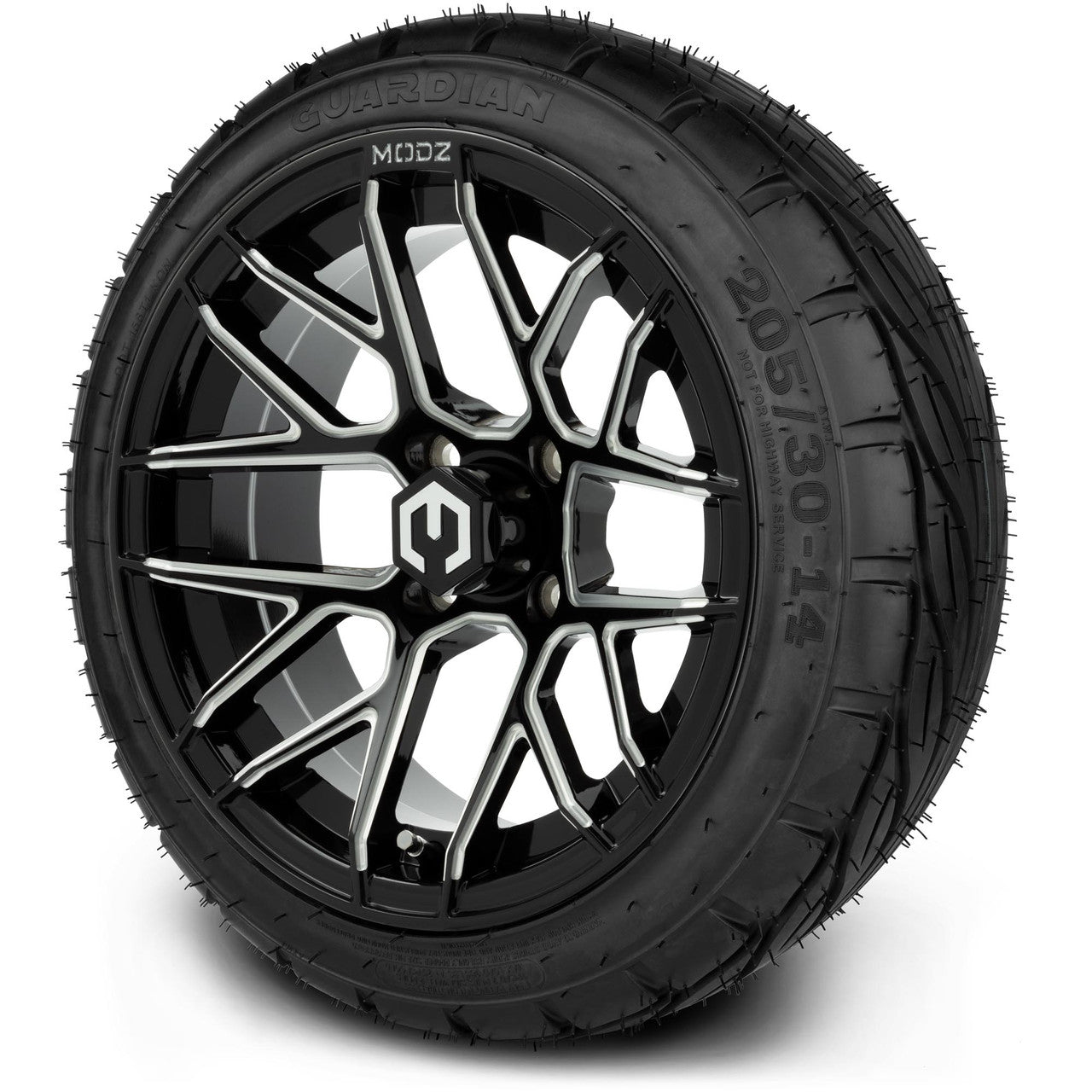 MODZ® 14" Matrix Glossy Black Ball Mill Wheels & Street Tires Combo