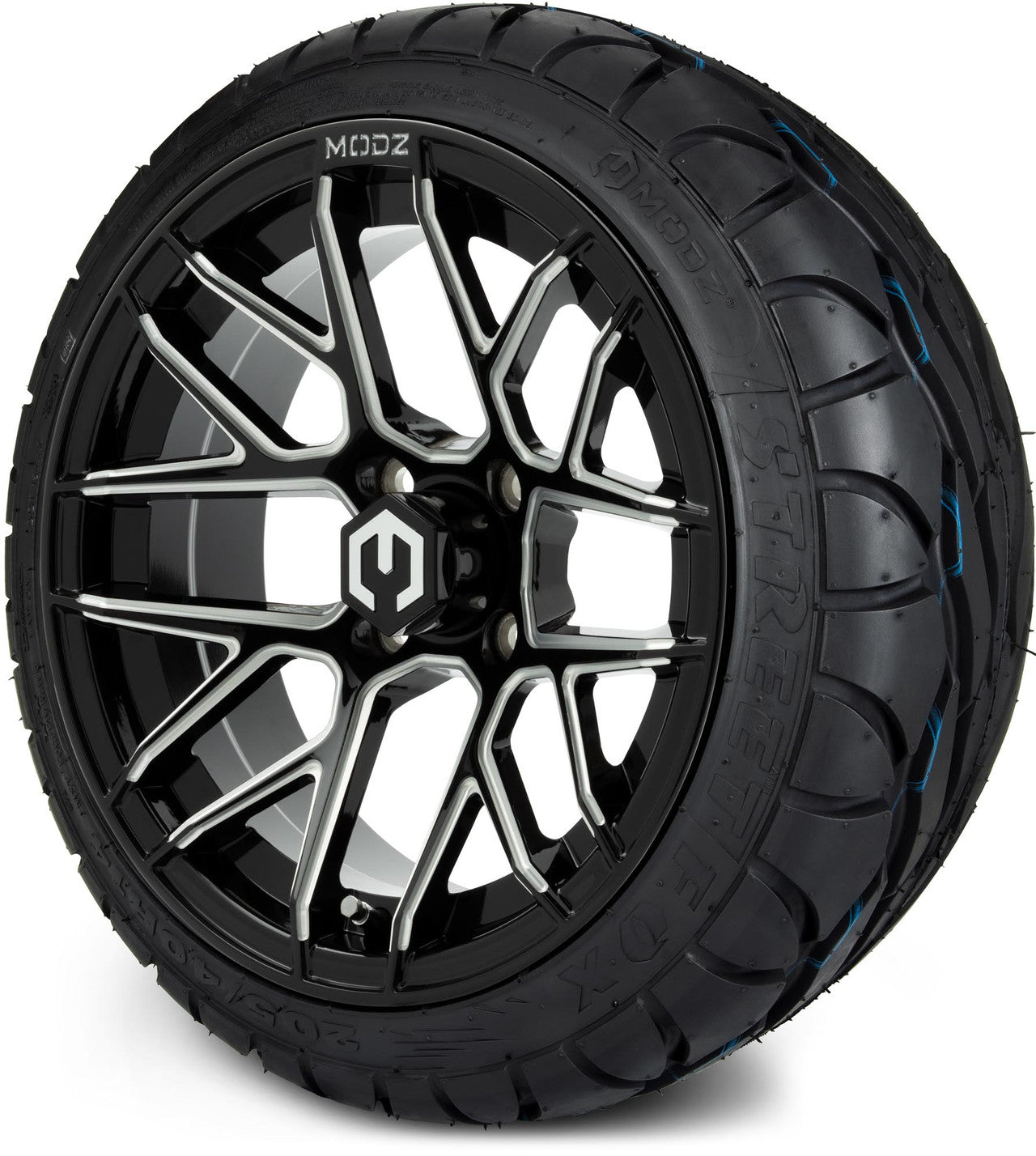 MODZ® 14" Matrix Glossy Black Ball Mill Wheels & Street Tires Combo