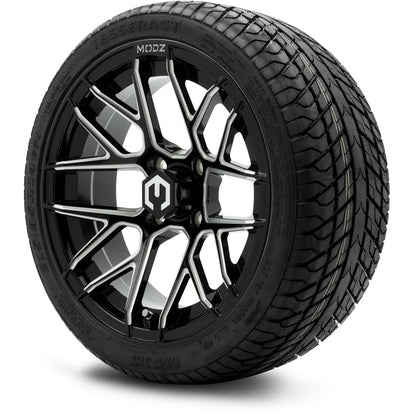 MODZ® 14" Matrix Glossy Black Ball Mill Wheels & Street Tires Combo