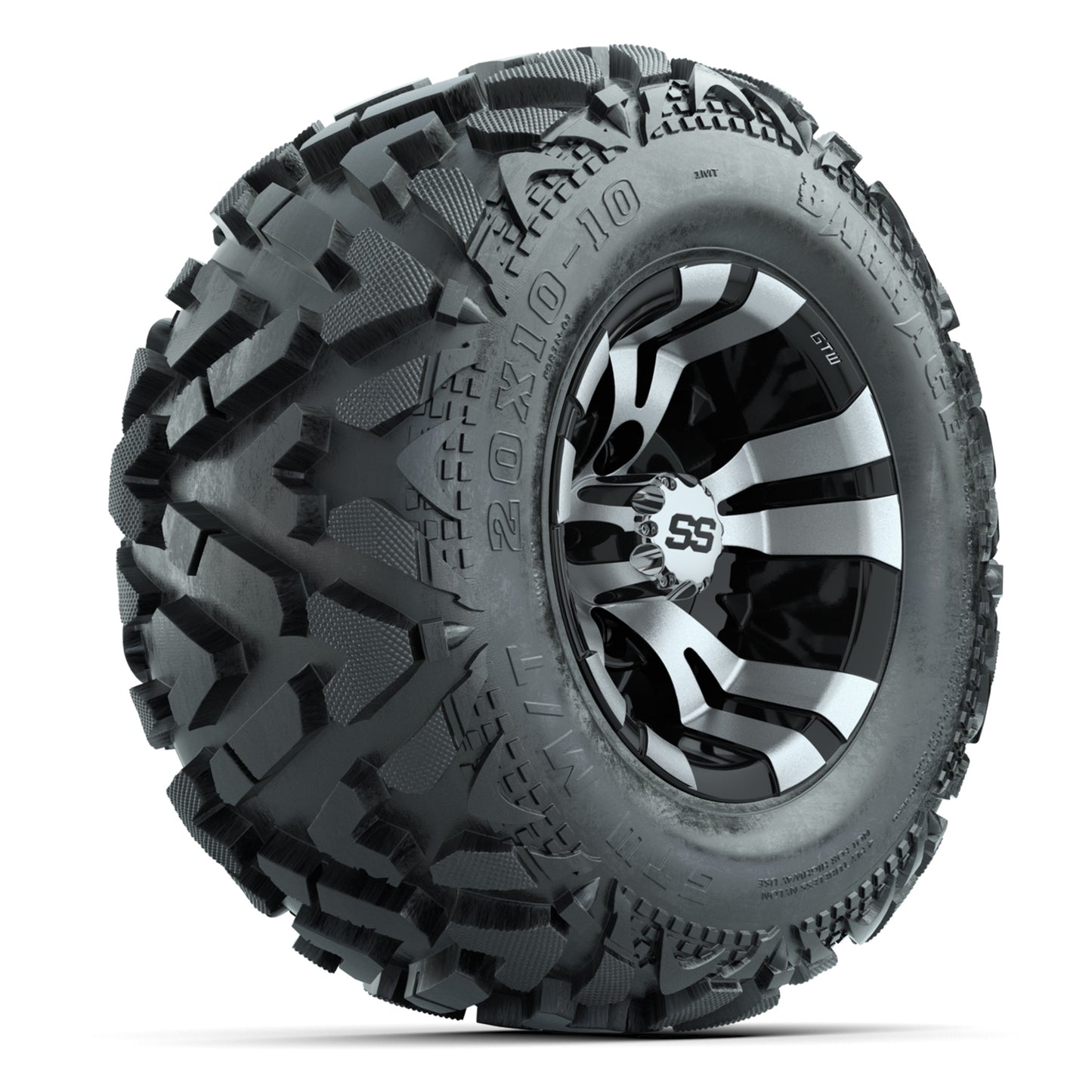 GTW Vampire Black/Machined 10 in Wheels with 20x10-10 Barrage Mud Tires – Full Set