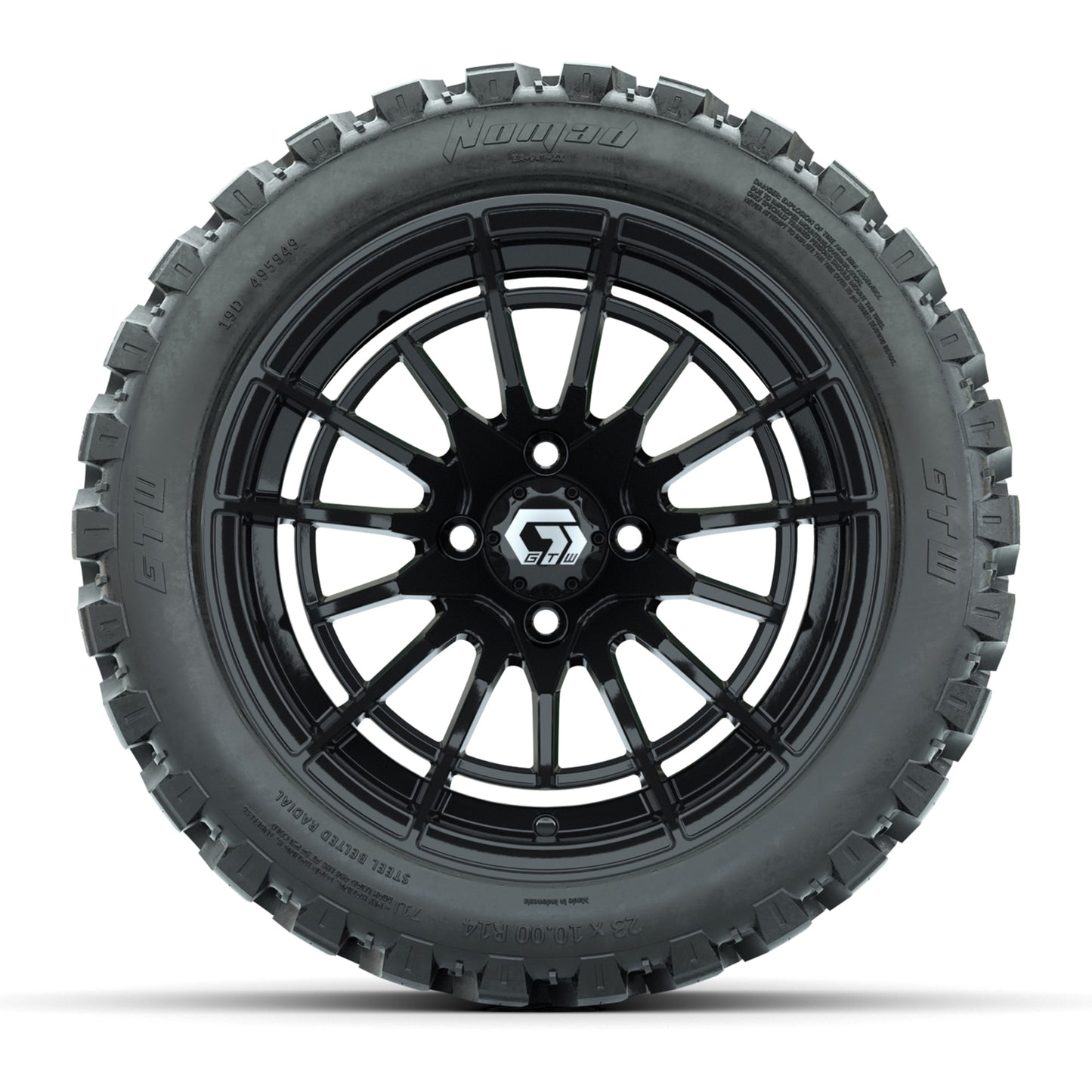 GTW® Boost Gloss Black 14 in Wheels with 23X10-R14 Nomad Steel Belt Radial All-Terrain Tires – Full Set