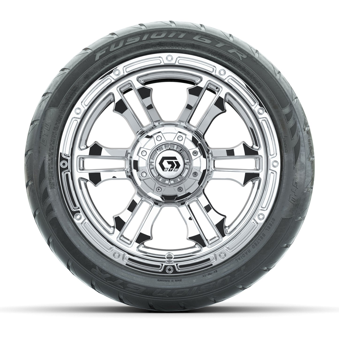 GTW® Shogun Chrome 14 in Wheels with 225/40-R14 Fusion GTR Steel Belt Radial Street Tires – Full Set