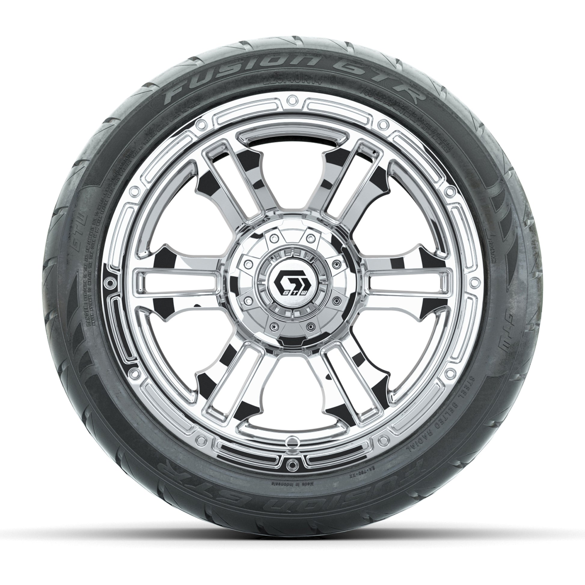 GTW® Shogun Chrome 14 in Wheels with 225/40-R14 Fusion GTR Steel Belt Radial Street Tires – Full Set