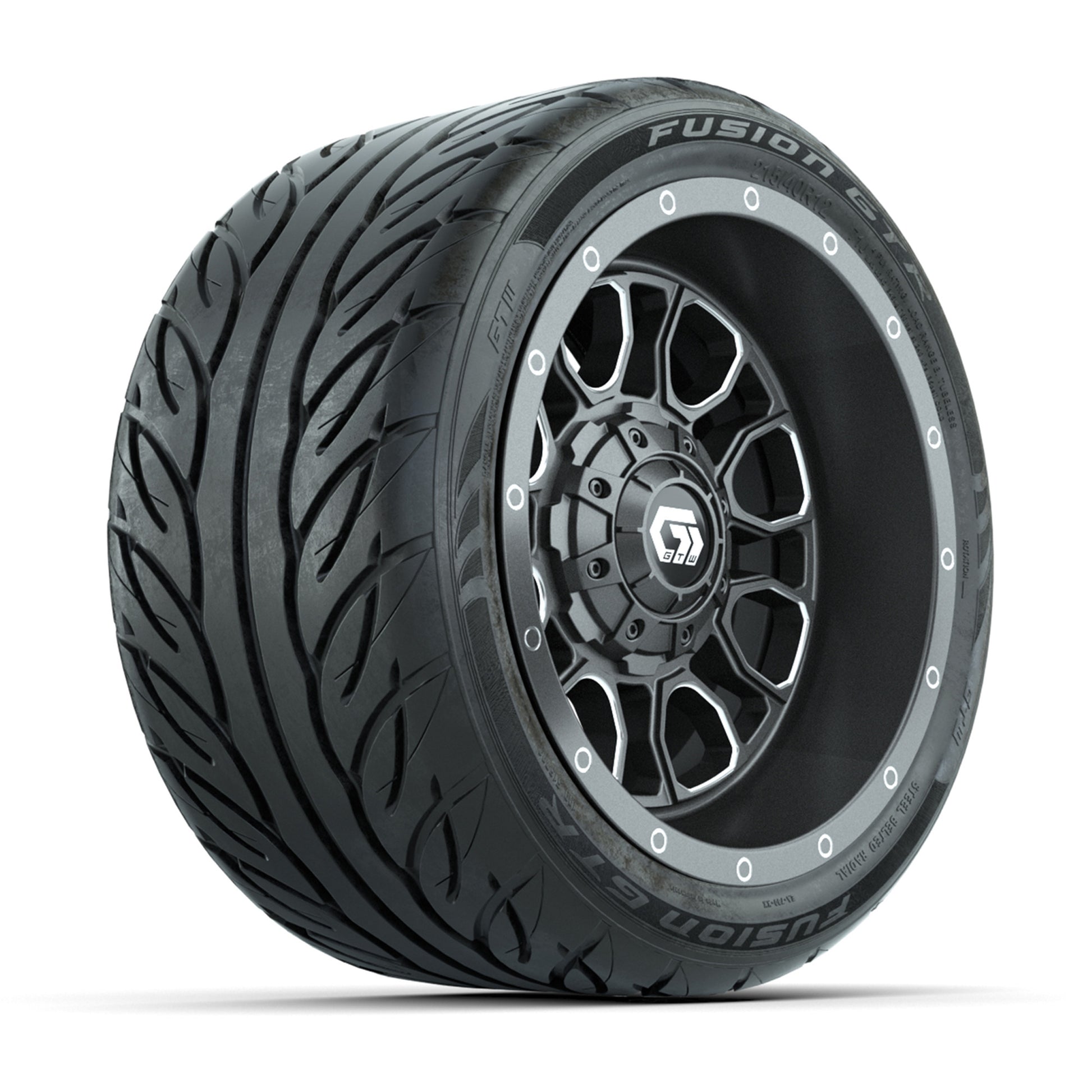 GTW® Volt Gunmetal 12 in Wheels with 215/40-R12 Fusion GTR Steel Belt Radial Street Tires – Full Set