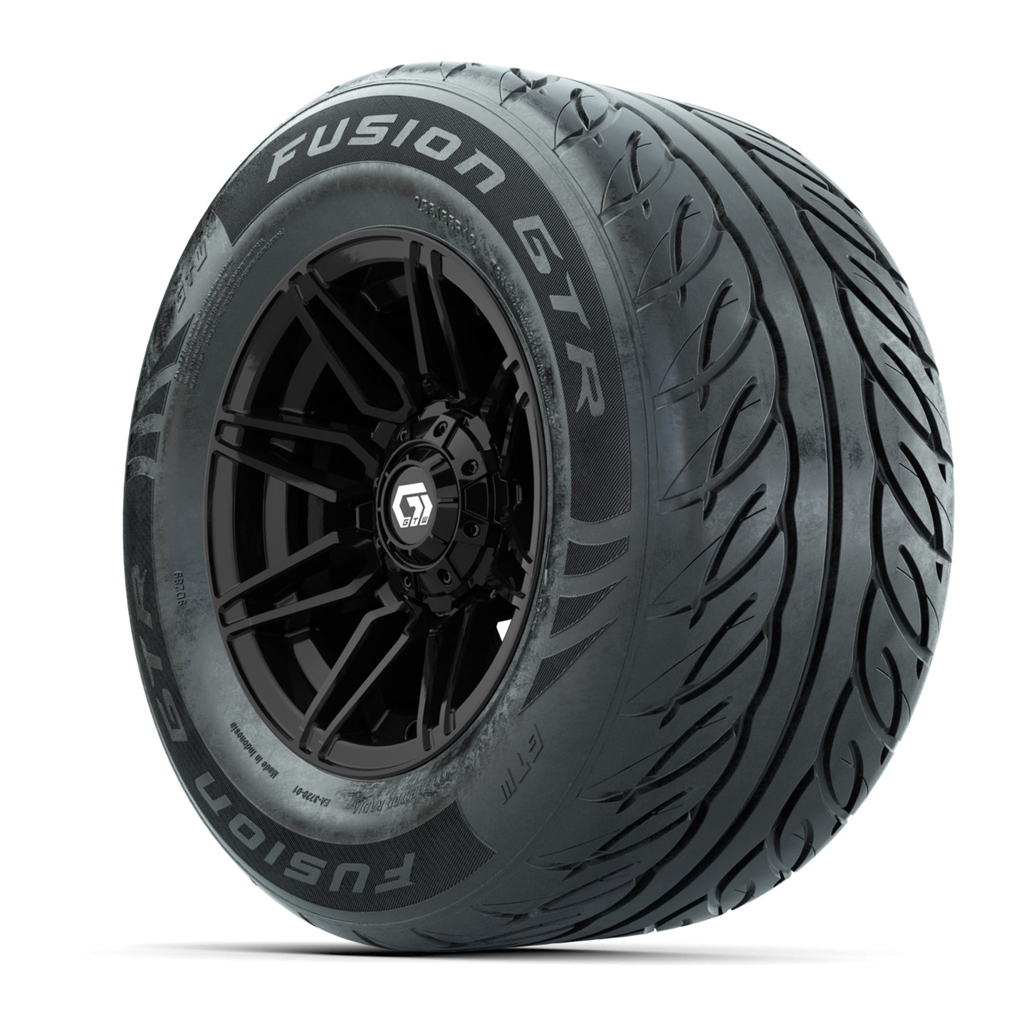 GTW® Stealth Gloss Black 12 in Wheels with 255/55-R12 Fusion GTR Steel Belt Radial Street Tires – Full Set