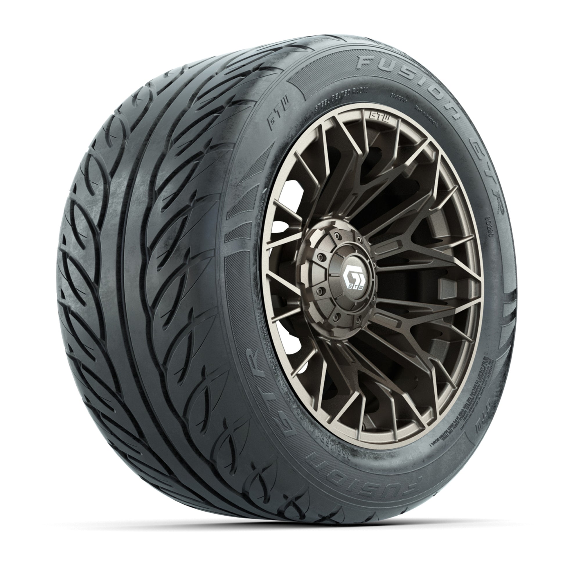 GTW® Stellar Matte Bronze 14 in Wheels with 255/45-R14 Fusion GTR Steel Belt Radial Street Tires – Full Set