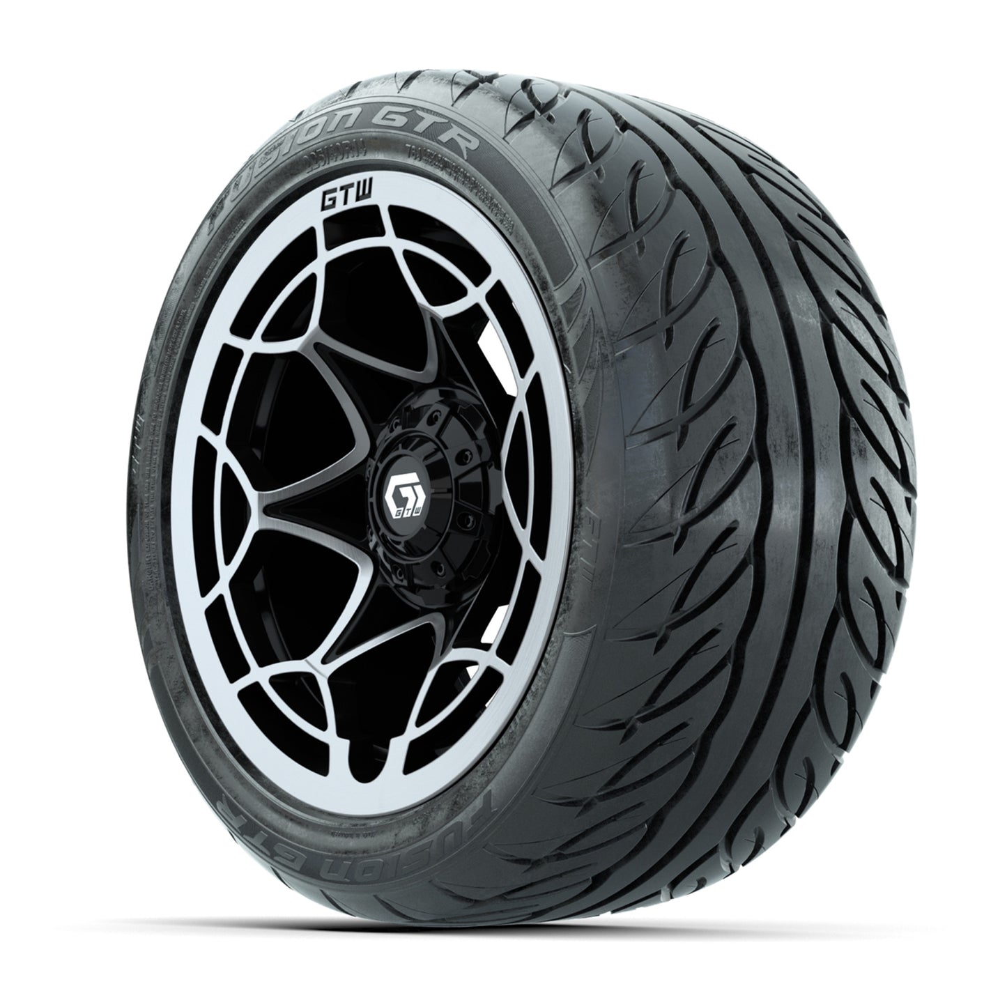 GTW® Nexus Black with Silver Face 14 in Wheels with 225/40-R14 Fusion GTR Steel Belt Radial Street Tires – Full Set