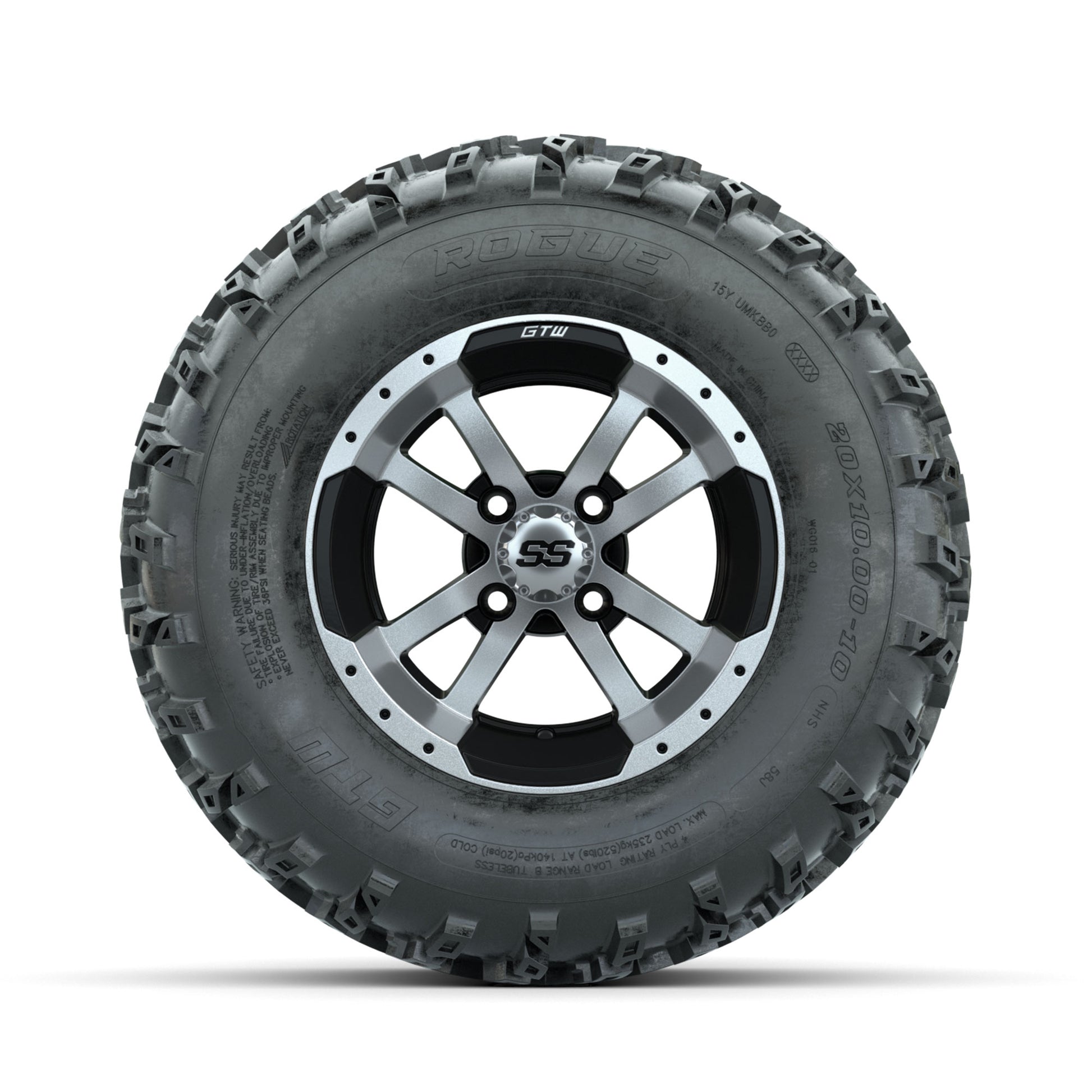 GTW Storm Trooper Machined/Black 10 in Wheels with 20x10.00-10 Rogue All Terrain Tires – Full Set