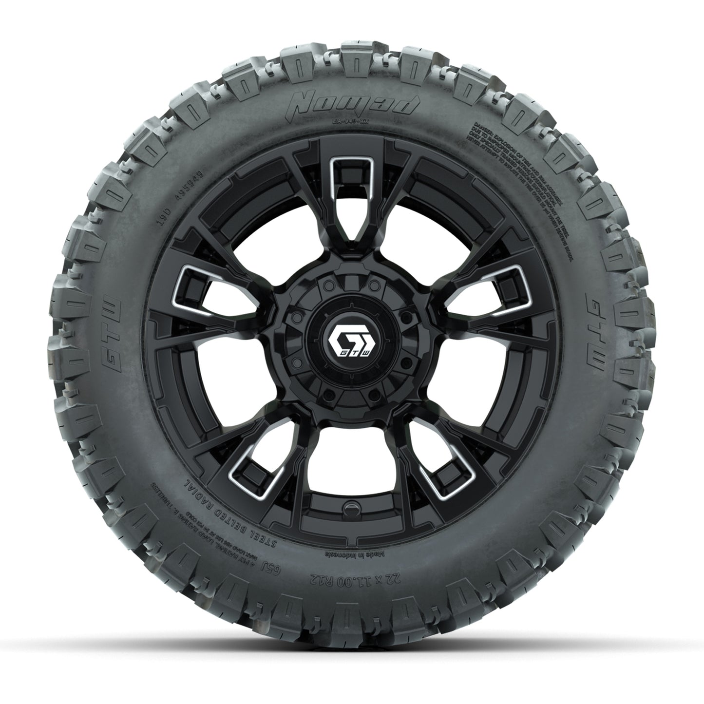 GTW® Vandal Matte Black/Machined 12 in Wheels with 22X11-R12 Nomad Steel Belt Radial All-Terrain Tires – Full Set