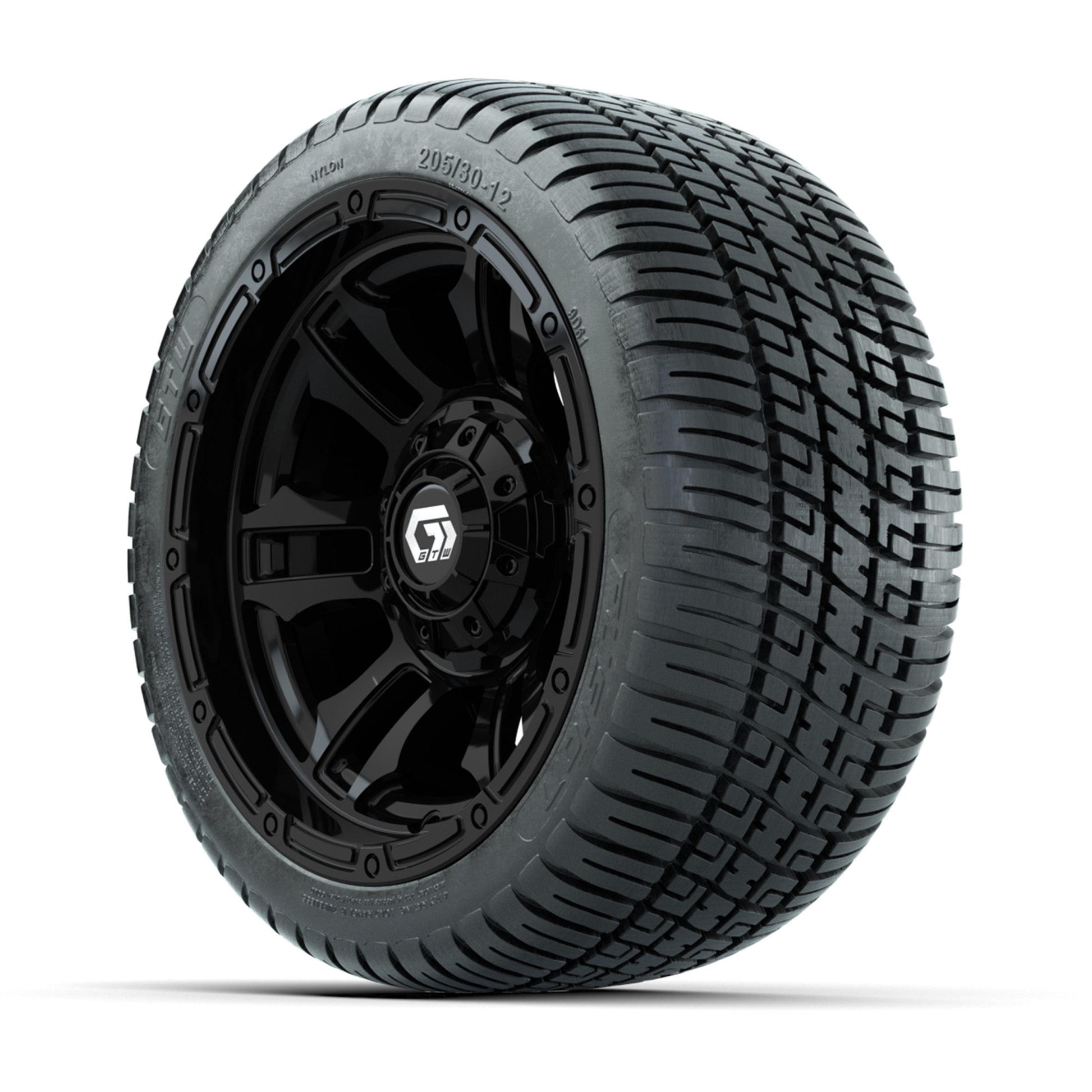 GTW® Shogun Gloss Black 12 in Wheels with 205/30-12 Fusion Street Tires – Full Set