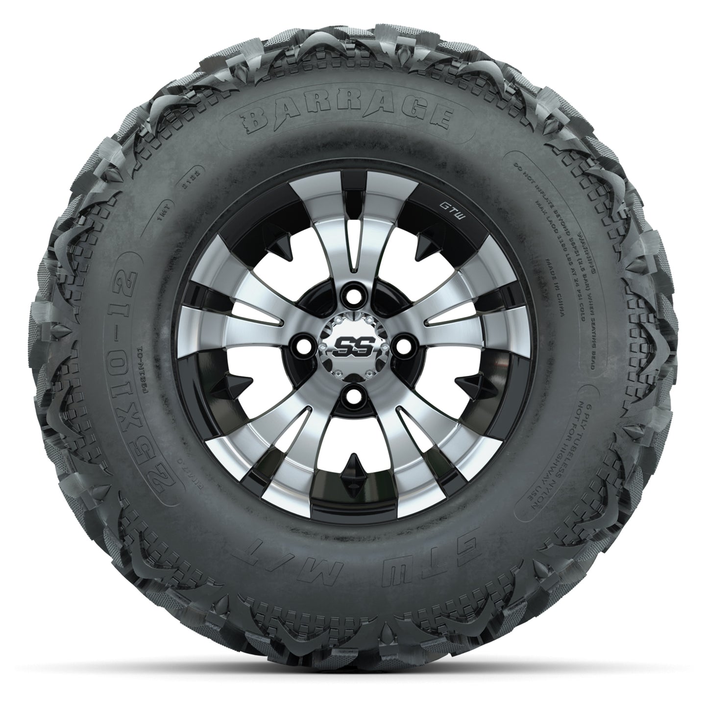 GTW® Vampire Black/Machined 12 in Wheels with 25X10-12 Barrage Mud Tires – Full Set