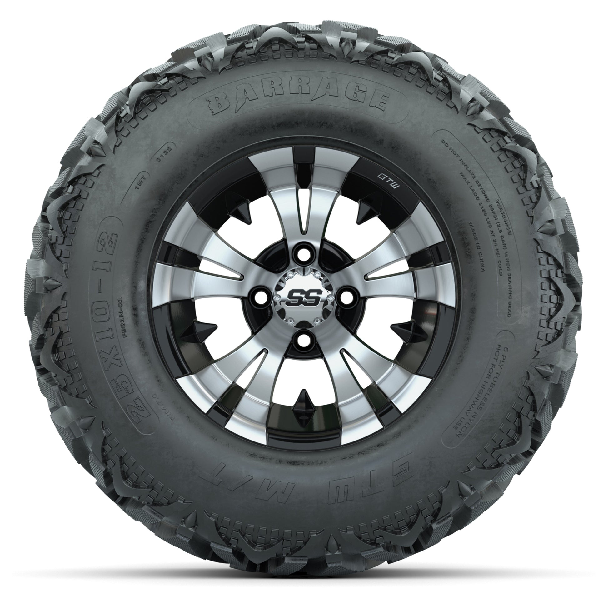 GTW® Vampire Black/Machined 12 in Wheels with 25X10-12 Barrage Mud Tires – Full Set