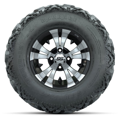 GTW® Vampire Black/Machined 12 in Wheels with 25X10-12 Barrage Mud Tires – Full Set