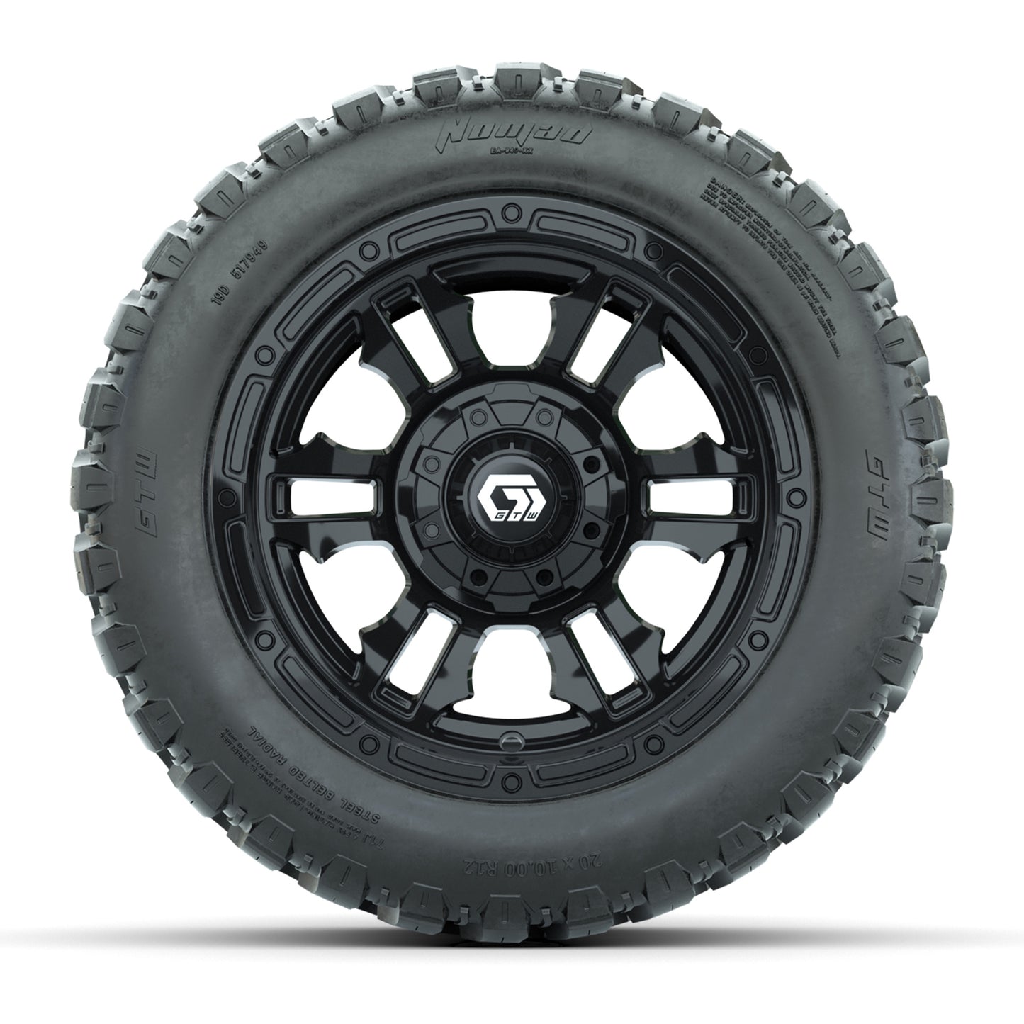 GTW® Shogun Gloss Black 12 in Wheels with 20X10-12 Nomad Steel Belt Radial All-Terrain Tires – Full Set