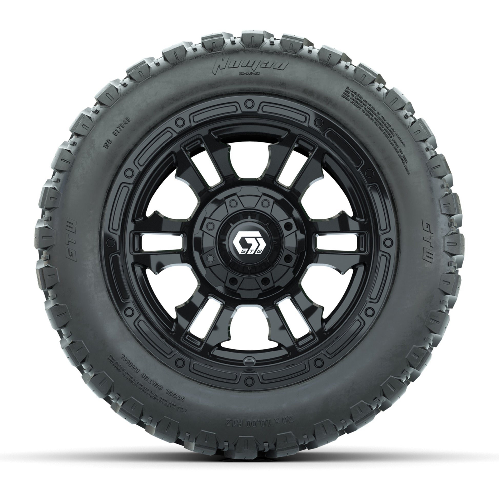 GTW® Shogun Gloss Black 12 in Wheels with 20X10-12 Nomad Steel Belt Radial All-Terrain Tires – Full Set