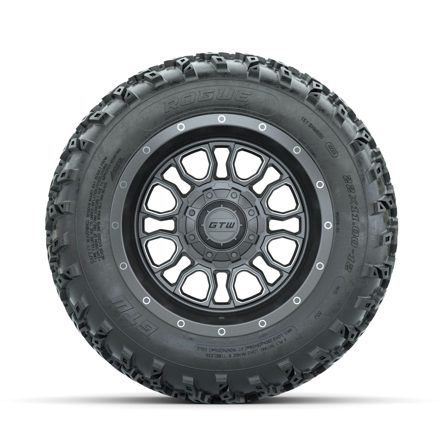 GTW Volt Gunmetal/Machined 12 in Wheels with 22x11.00-12 Rogue All Terrain Tires – Full Set