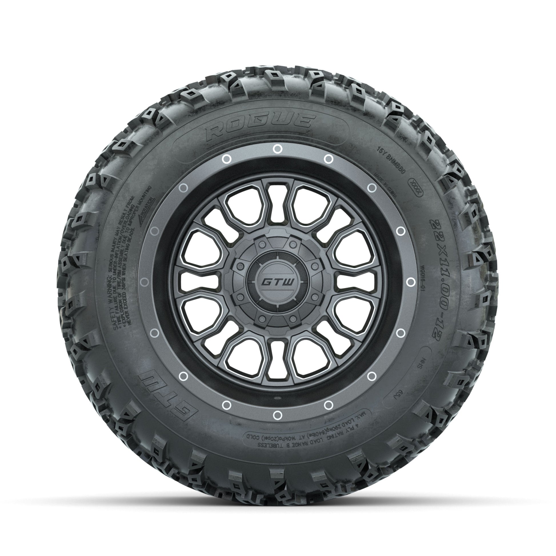 GTW Volt Gunmetal/Machined 12 in Wheels with 22x11.00-12 Rogue All Terrain Tires – Full Set