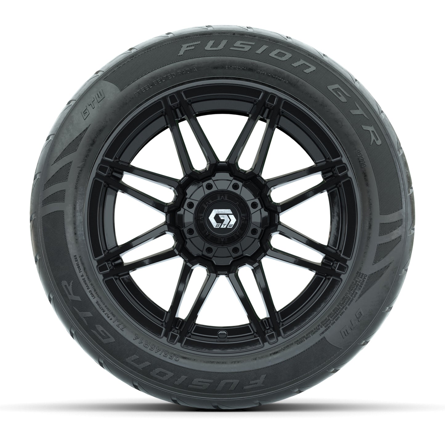 GTW® Stealth Gloss Black 14 in Wheels with 255/45-R14 Fusion GTR Steel Belt Radial Street Tires – Full Set