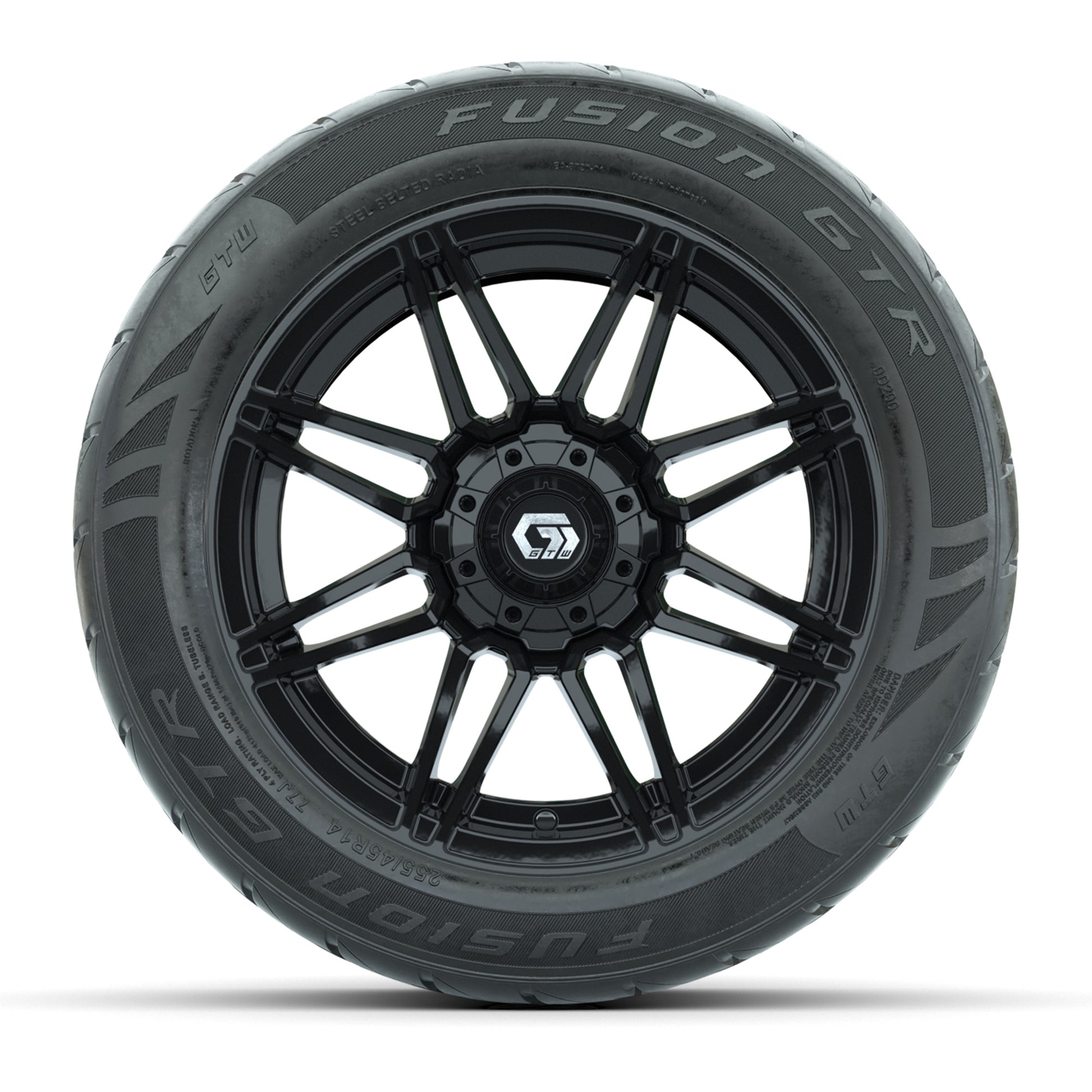 GTW® Stealth Gloss Black 14 in Wheels with 255/45-R14 Fusion GTR Steel Belt Radial Street Tires – Full Set