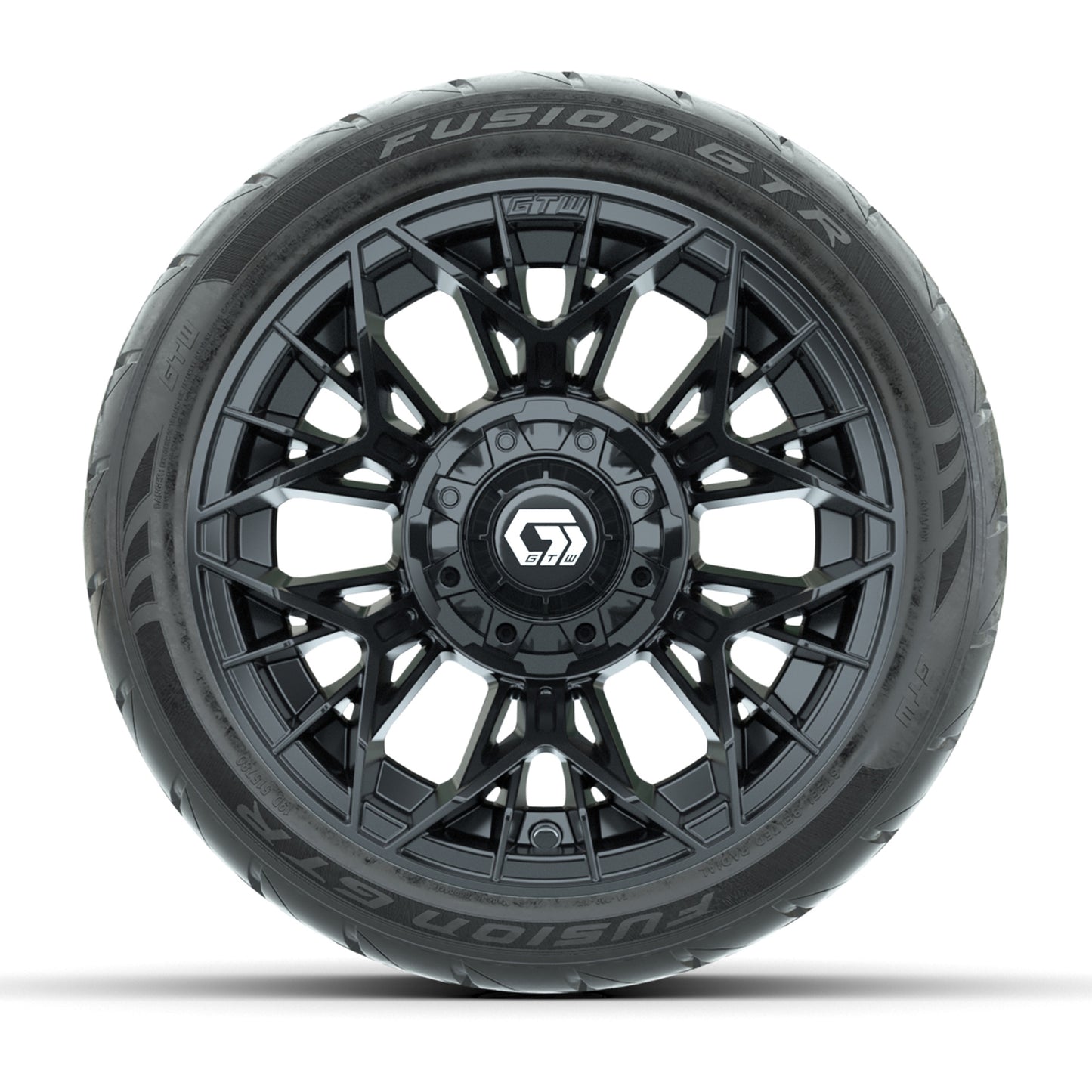 GTW® Stellar Black 12 in Wheels with 215/40-R12 Fusion GTR Steel Belt Radial Street Tires – Full Set