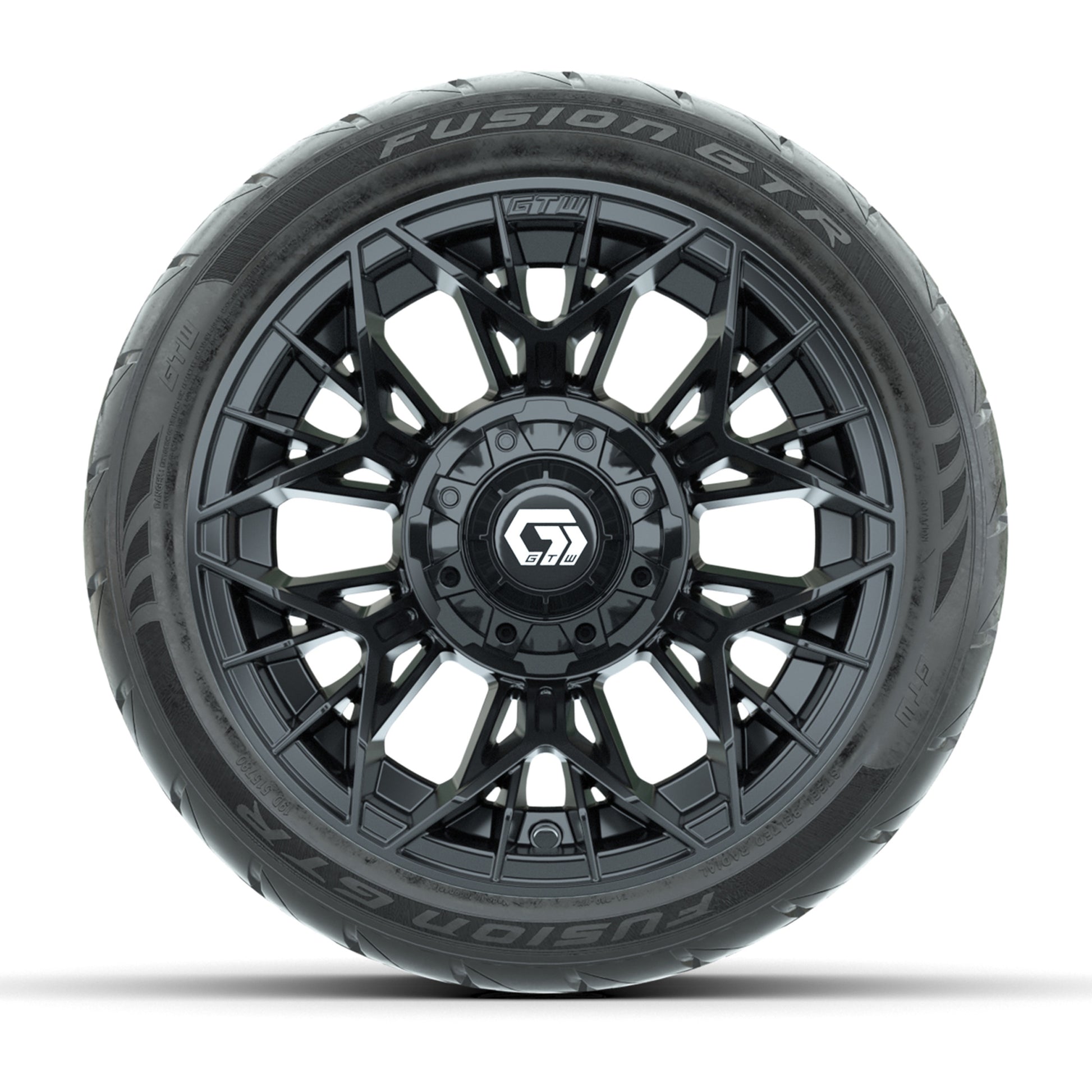GTW® Stellar Black 12 in Wheels with 215/40-R12 Fusion GTR Steel Belt Radial Street Tires – Full Set