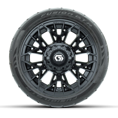 GTW® Stellar Black 12 in Wheels with 215/40-R12 Fusion GTR Steel Belt Radial Street Tires – Full Set