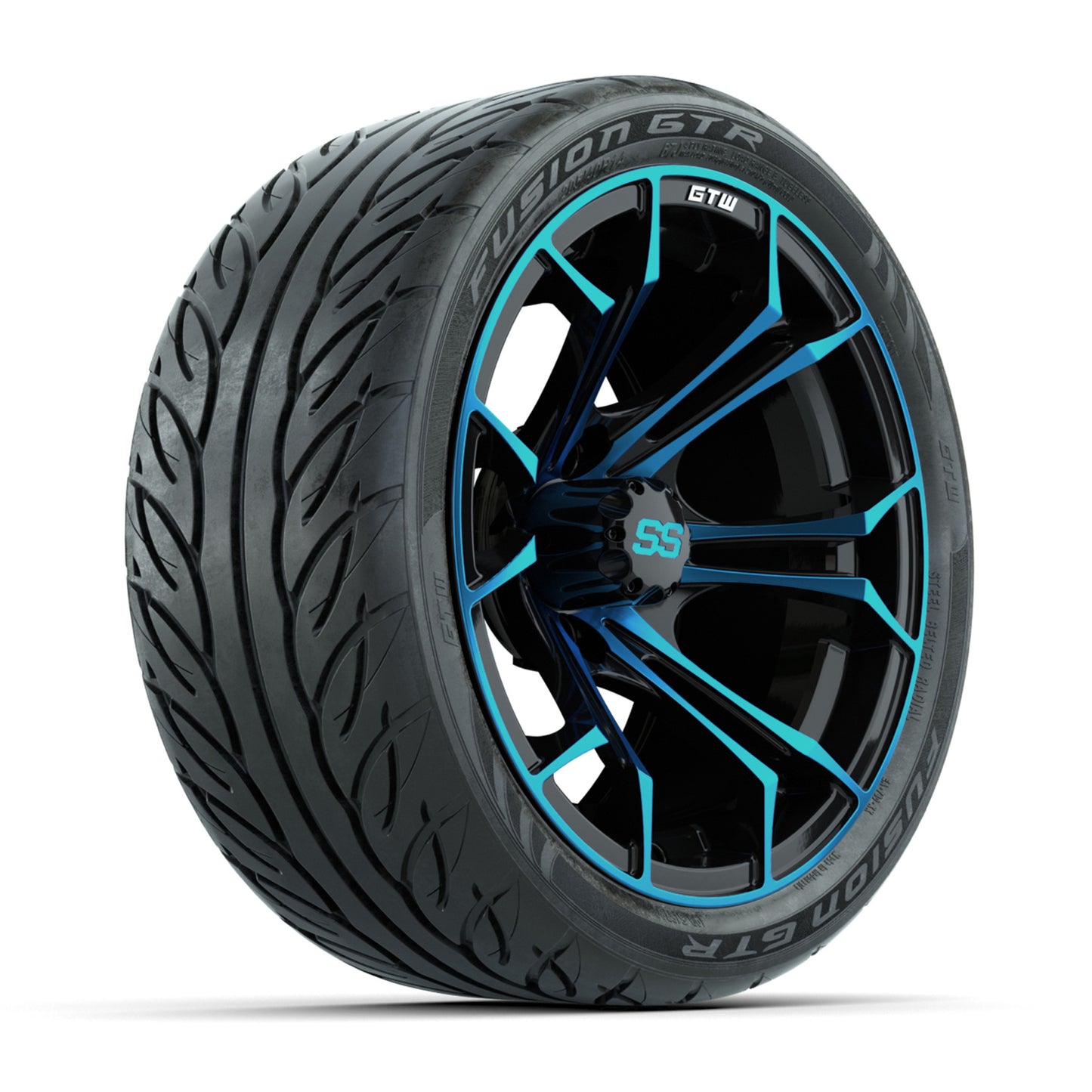GTW® Spyder Black/Blue 14 in Wheels with 205/40-R14 Fusion GTR Steel Belt Radial Street Tires – Full Set