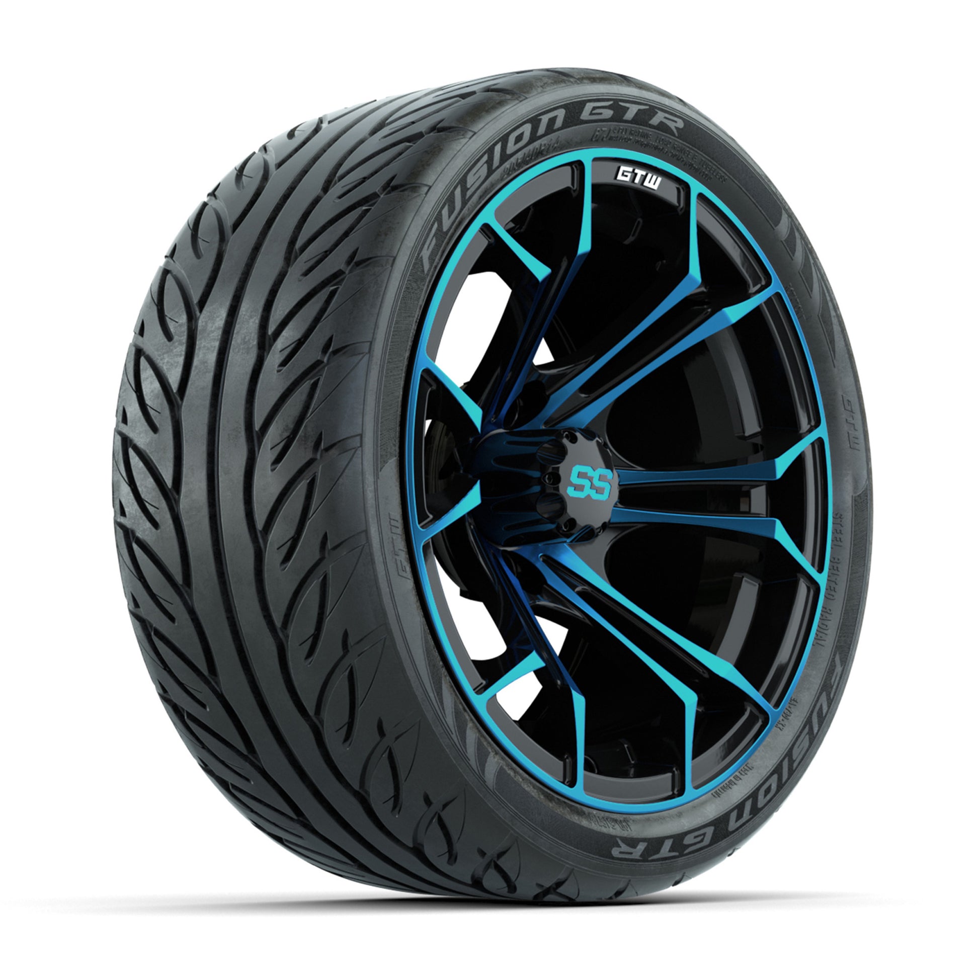 GTW® Spyder Black/Blue 14 in Wheels with 205/40-R14 Fusion GTR Steel Belt Radial Street Tires – Full Set