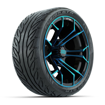 GTW® Spyder Black/Blue 14 in Wheels with 205/40-R14 Fusion GTR Steel Belt Radial Street Tires – Full Set