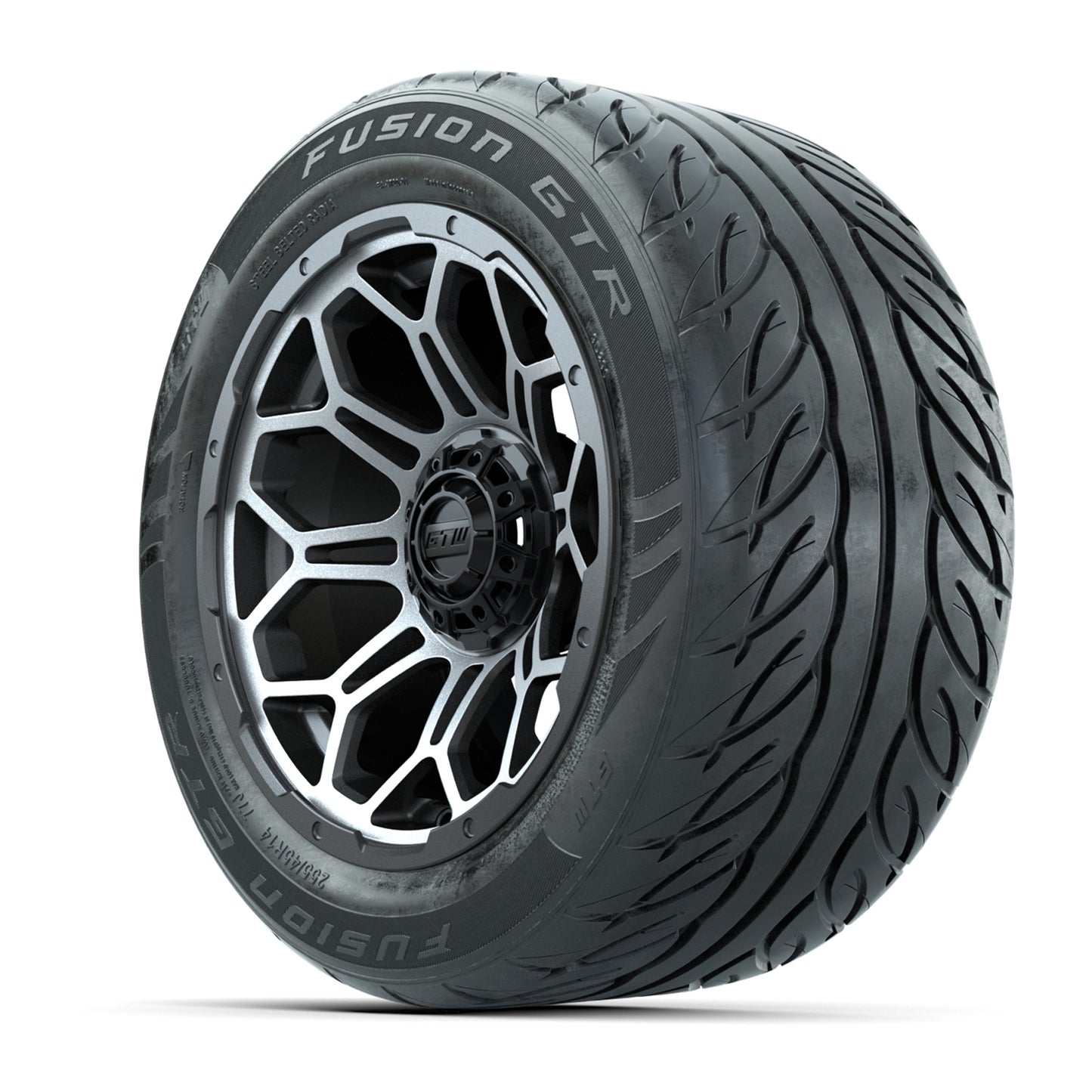 GTW® Bravo Matte Gray/Machined 14 in Wheels with 255/45-R14 Fusion GTR Steel Belt Radial Street Tires – Full Set