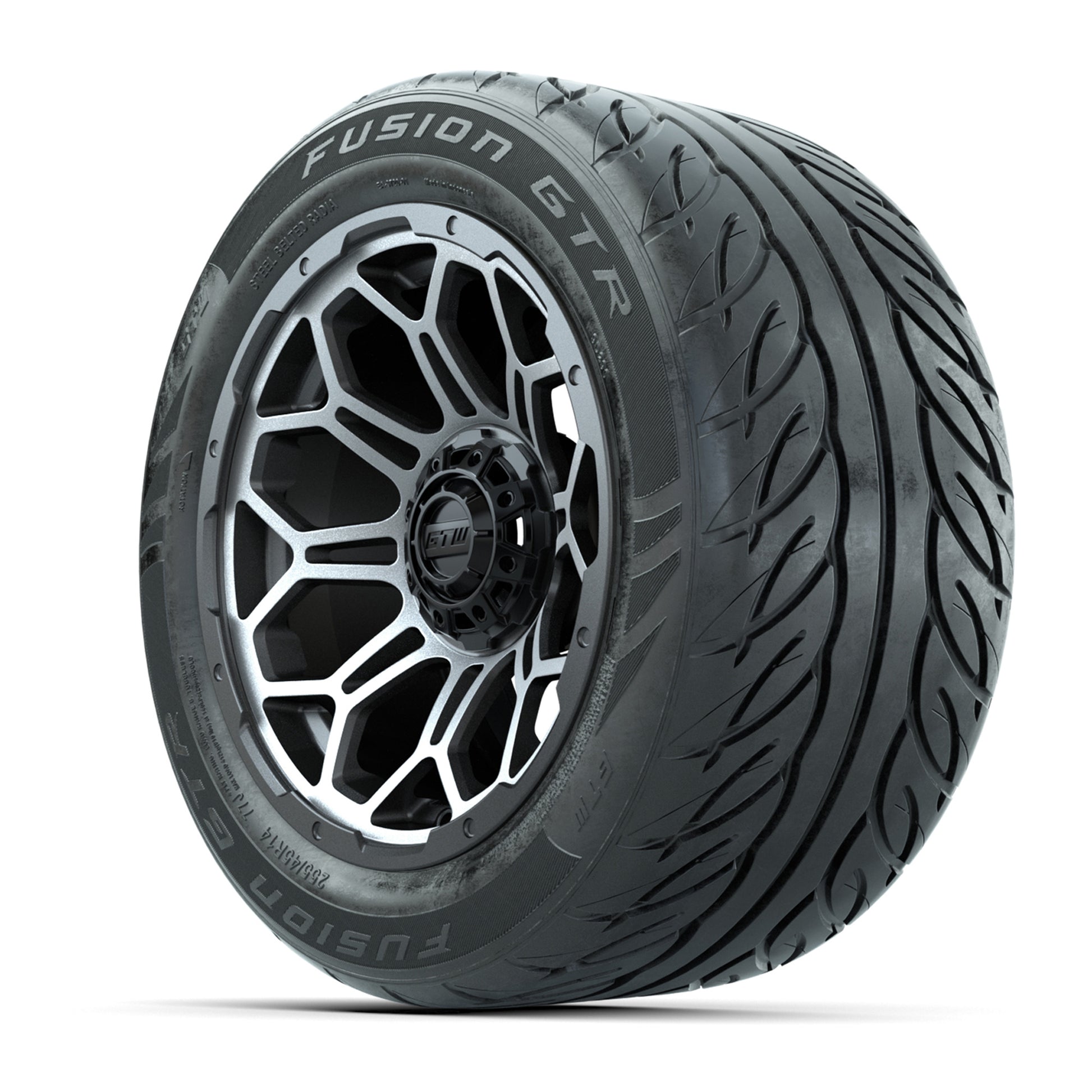 GTW® Bravo Matte Gray/Machined 14 in Wheels with 255/45-R14 Fusion GTR Steel Belt Radial Street Tires – Full Set