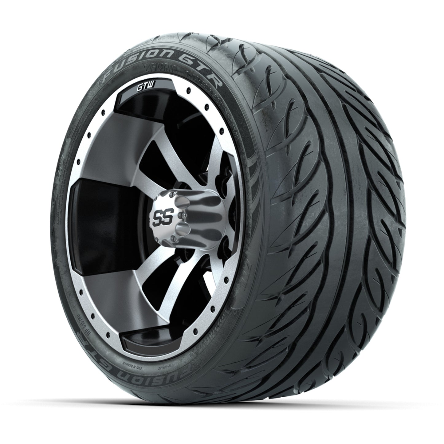 GTW® Storm Trooper Black/Machined 12 in Wheels with 215/40-R12 Fusion GTR Steel Belt Radial Street Tires – Full Set