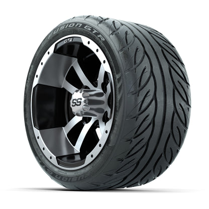GTW® Storm Trooper Black/Machined 12 in Wheels with 215/40-R12 Fusion GTR Steel Belt Radial Street Tires – Full Set