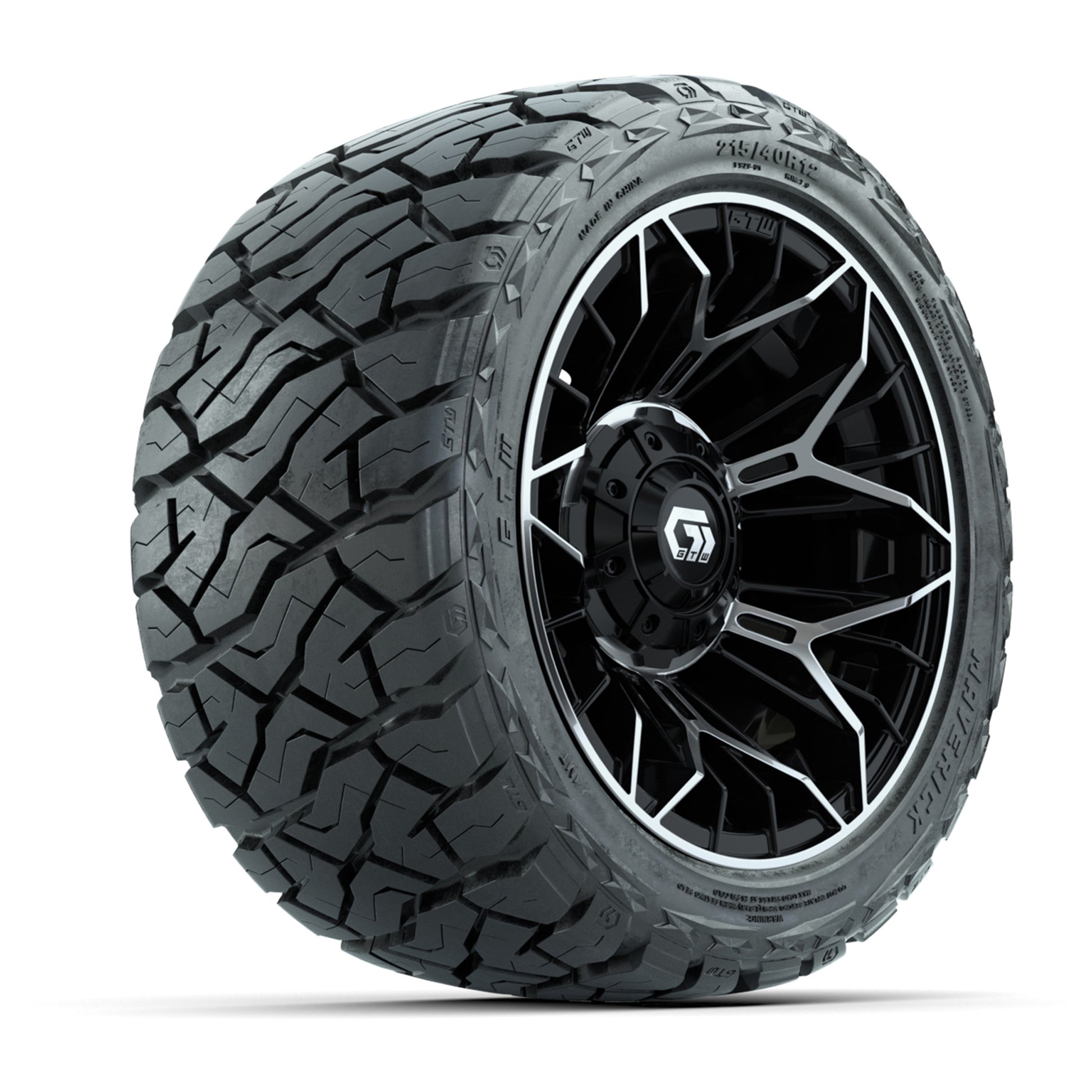 GTW Stellar Black/Machined 12 in Wheels with 215/40-R12 Maverick Low-Profile All-Terrain Tires – Full Set