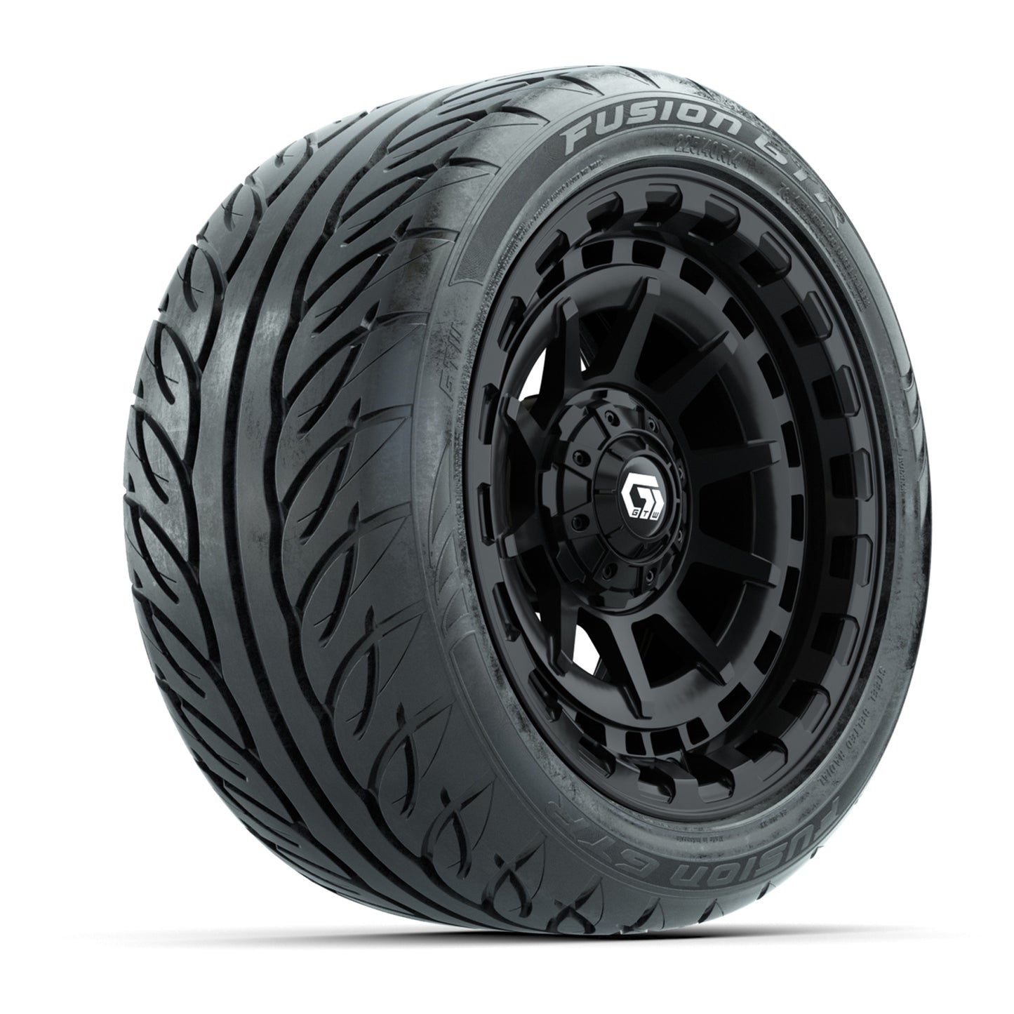 GTW® Barricade Black 14 in Wheels with 225/40-R14 Fusion GTR Steel Belt Radial Street Tires – Full Set