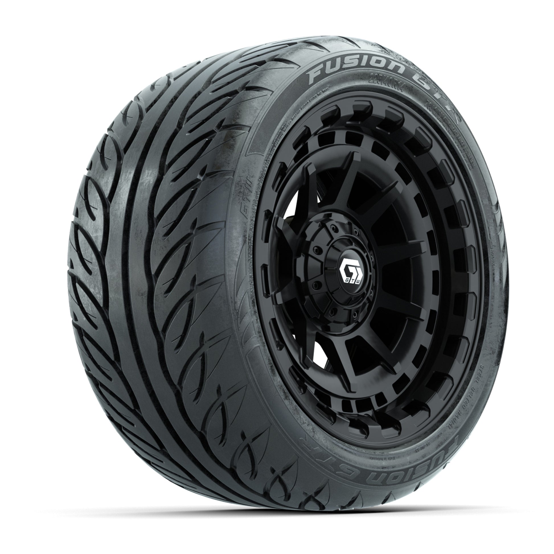 GTW® Barricade Black 14 in Wheels with 225/40-R14 Fusion GTR Steel Belt Radial Street Tires – Full Set