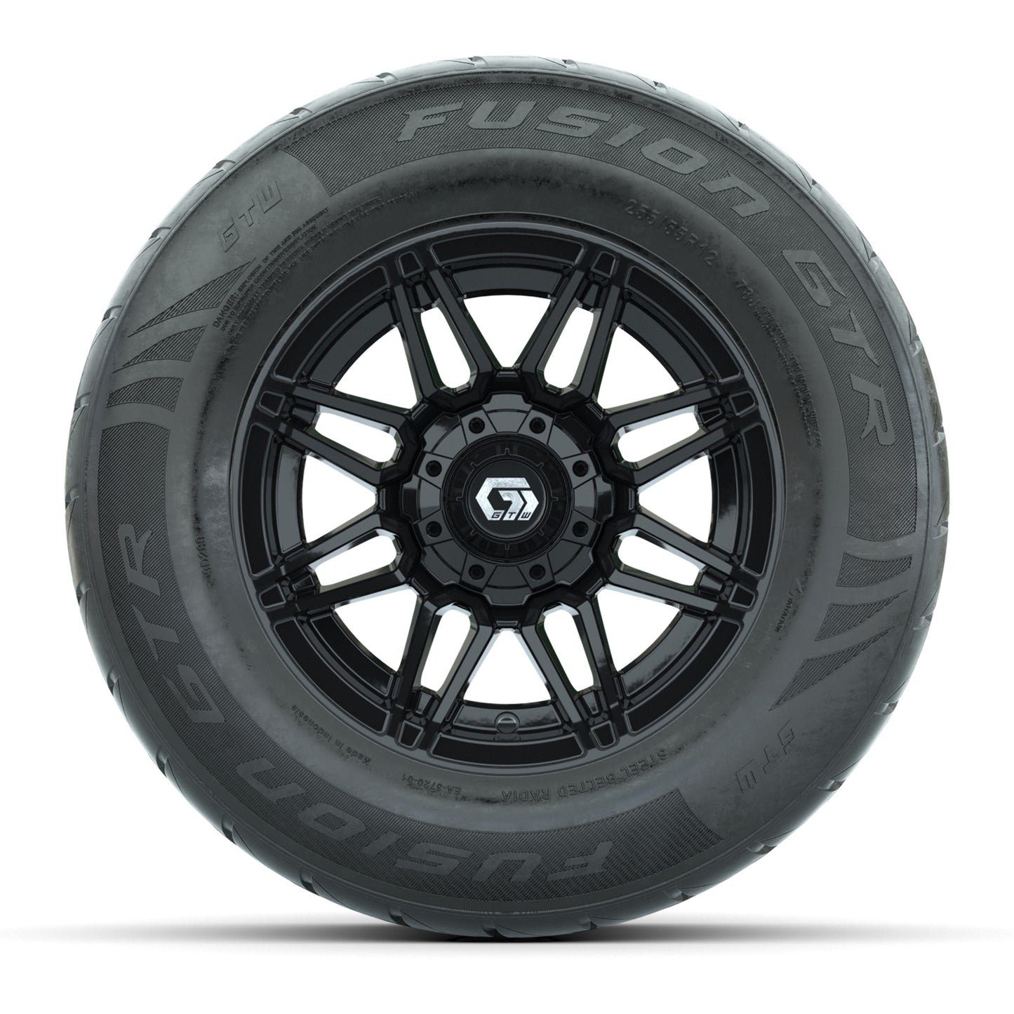 GTW® Stealth Gloss Black 12 in Wheels with 255/55-R12 Fusion GTR Steel Belt Radial Street Tires – Full Set