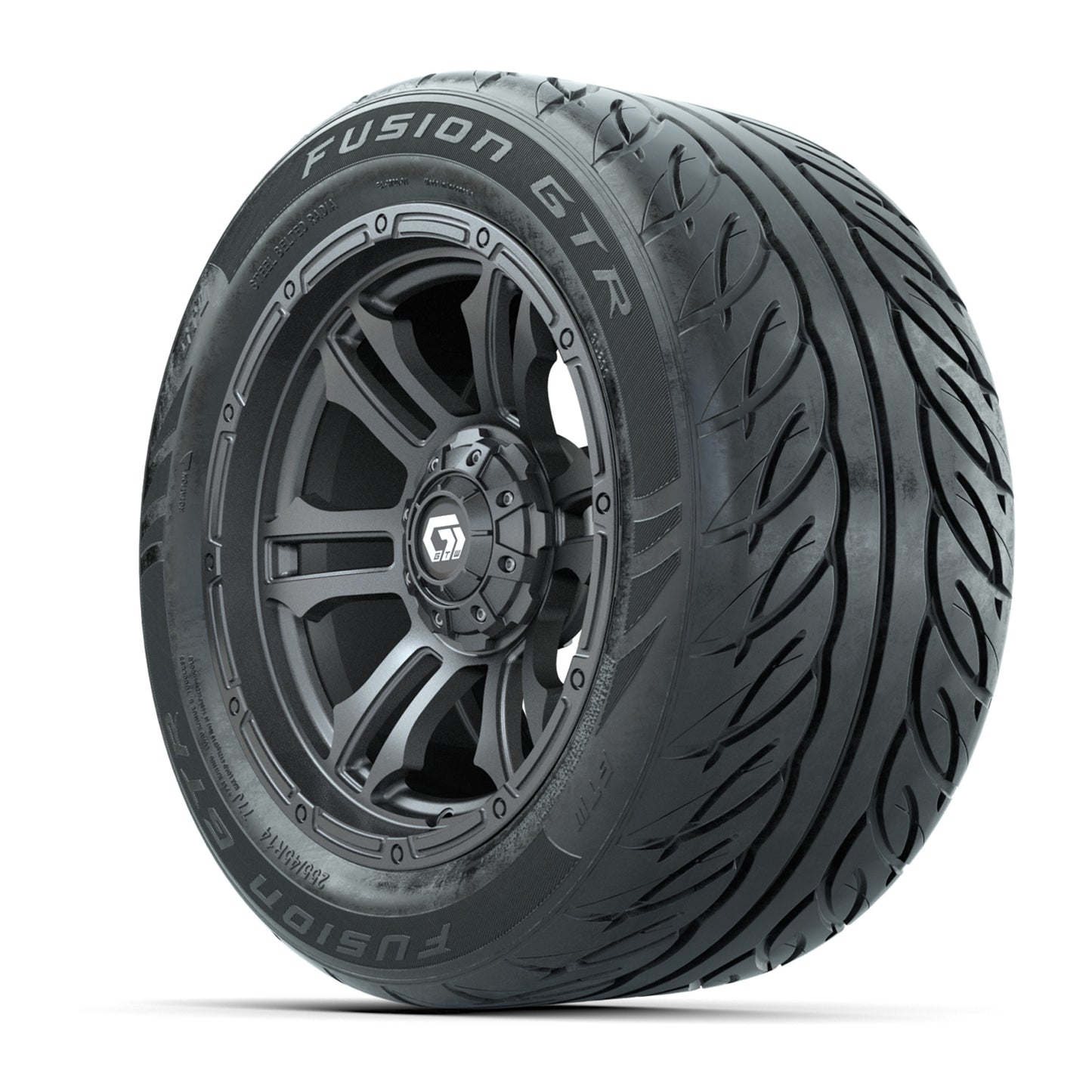 GTW® Shogun Gunmetal 14 in Wheels with 255/45-R14 Fusion GTR Steel Belt Radial Street Tires – Full Set