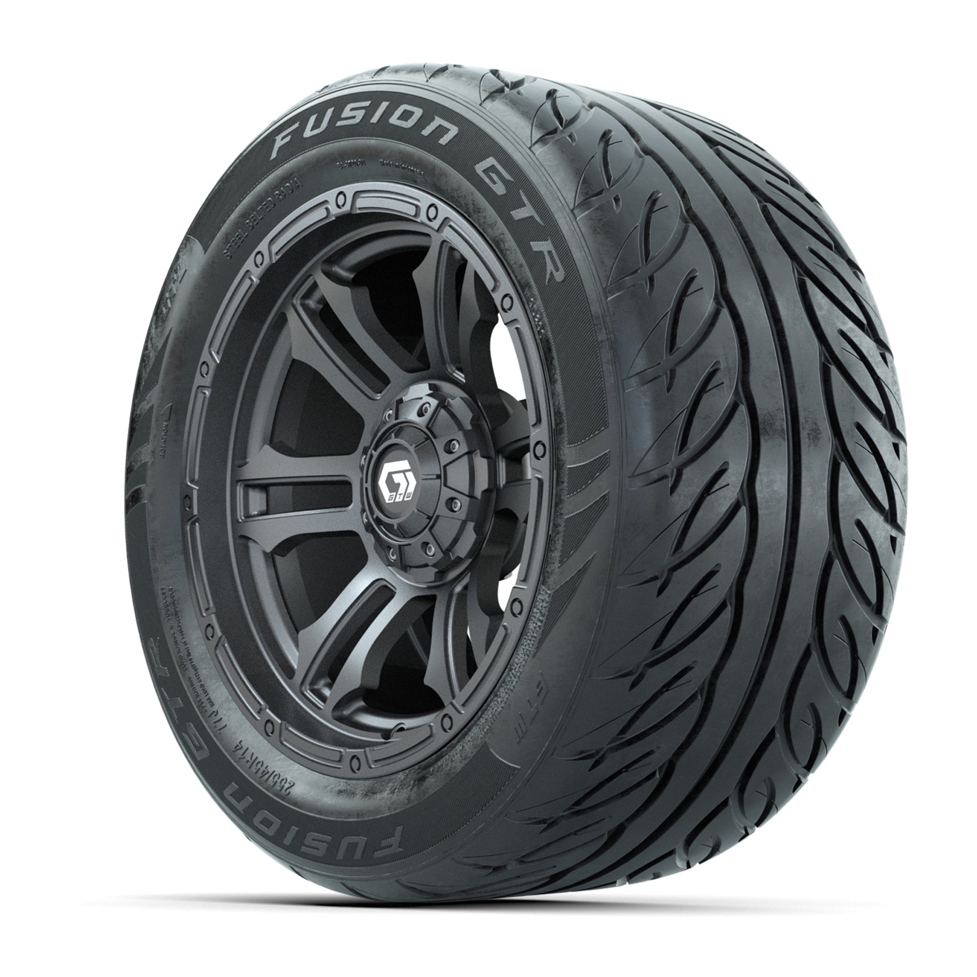 GTW® Shogun Gunmetal 14 in Wheels with 255/45-R14 Fusion GTR Steel Belt Radial Street Tires – Full Set