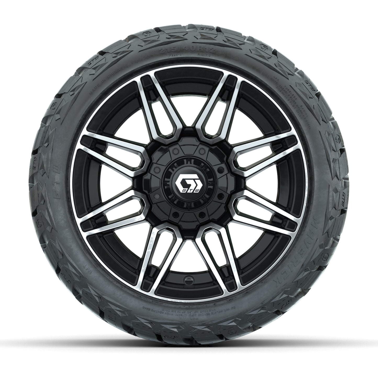 GTW Stealth Gloss Black/Machined 12 in Wheels with 215/40-R12 Maverick Low-Profile All-Terrain Tires – Full Set